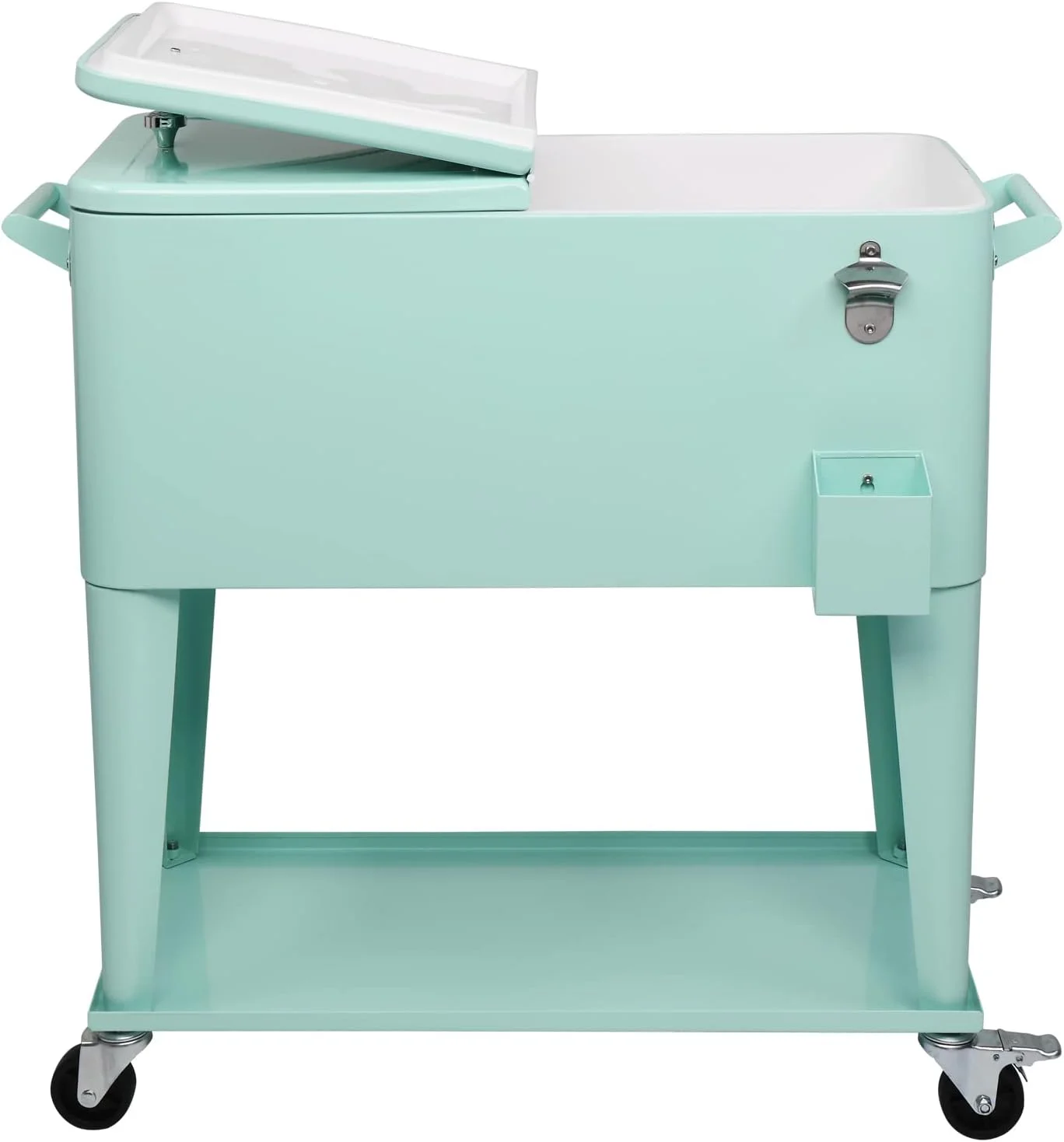 80 Quart Rolling Ice Chest, Portable Bar Drink Cooler with Catch Basin, Bottom Storage Tray and Bottle Opener for Patio Party BBQ Beach Activities - Image 11