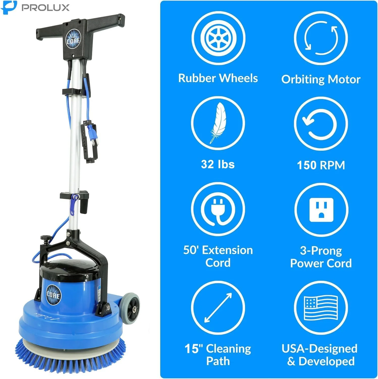 Prolux Core 15 in. Loaded Commercial Light Hand-Driven Floor Buffer Scrubber - Image 6