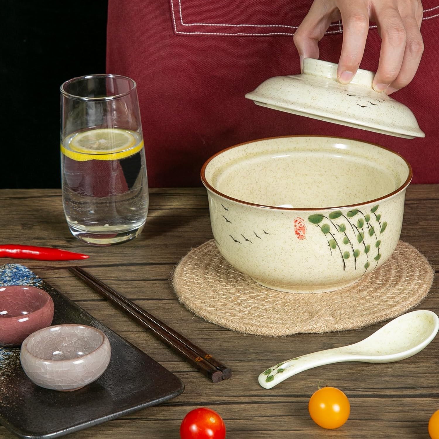 Ceramic Ramen Bowl Set of 2, Ramen Noodle Bowl with Lid 27oz Japanese Retro Style Soup, Pho, Udon Bowls, Matching Spoons and Chopsticks for Microwave & Dishwasher Safe, Twig
