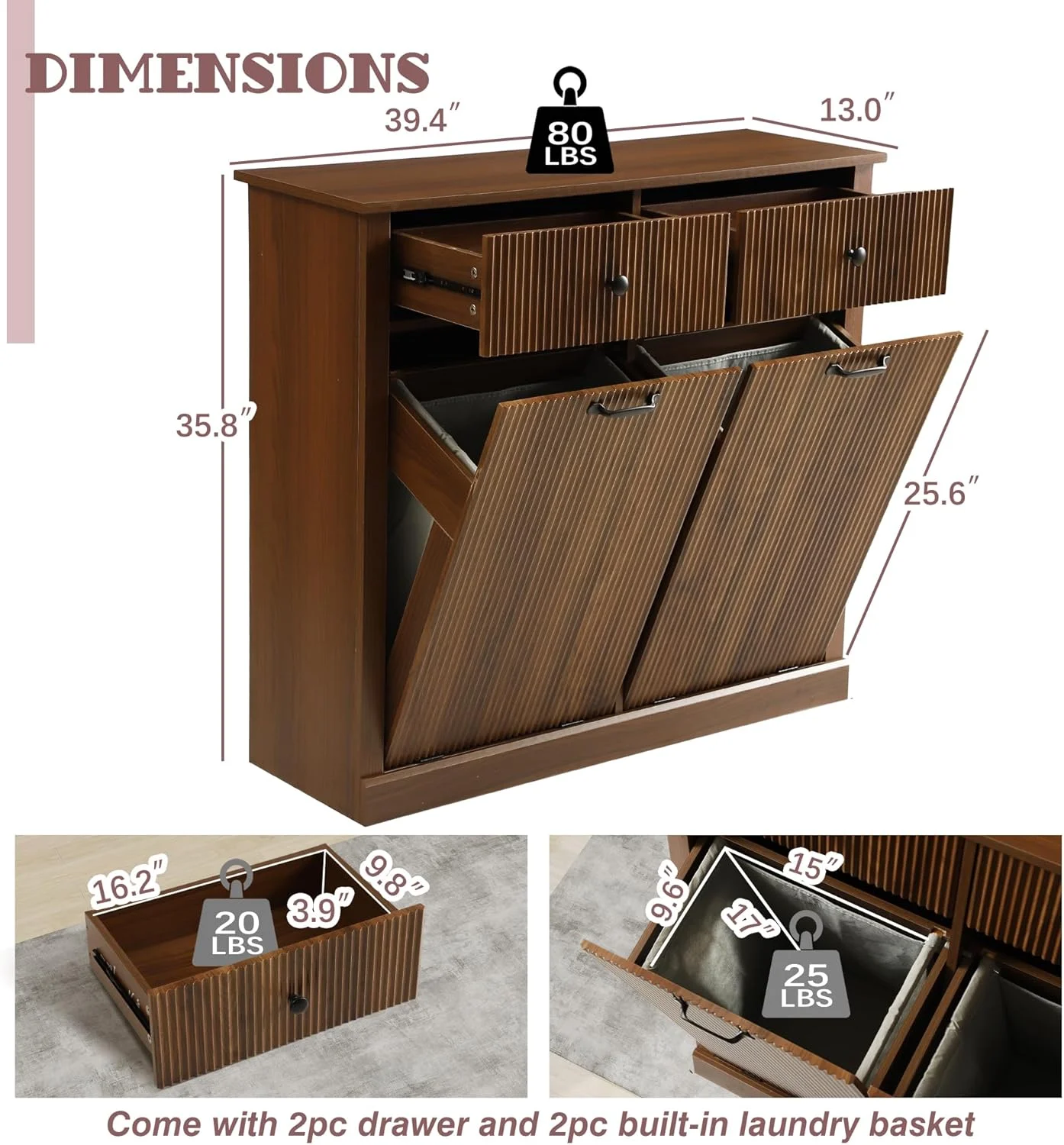 Haverchair Double Tilt Out Laundry Hamper Cabinet, Modern Fluted Trash Can Cabinets with Drawer, Wooden Hidden Garbage Cabinet for Kitchen and Bathroom - Image 12
