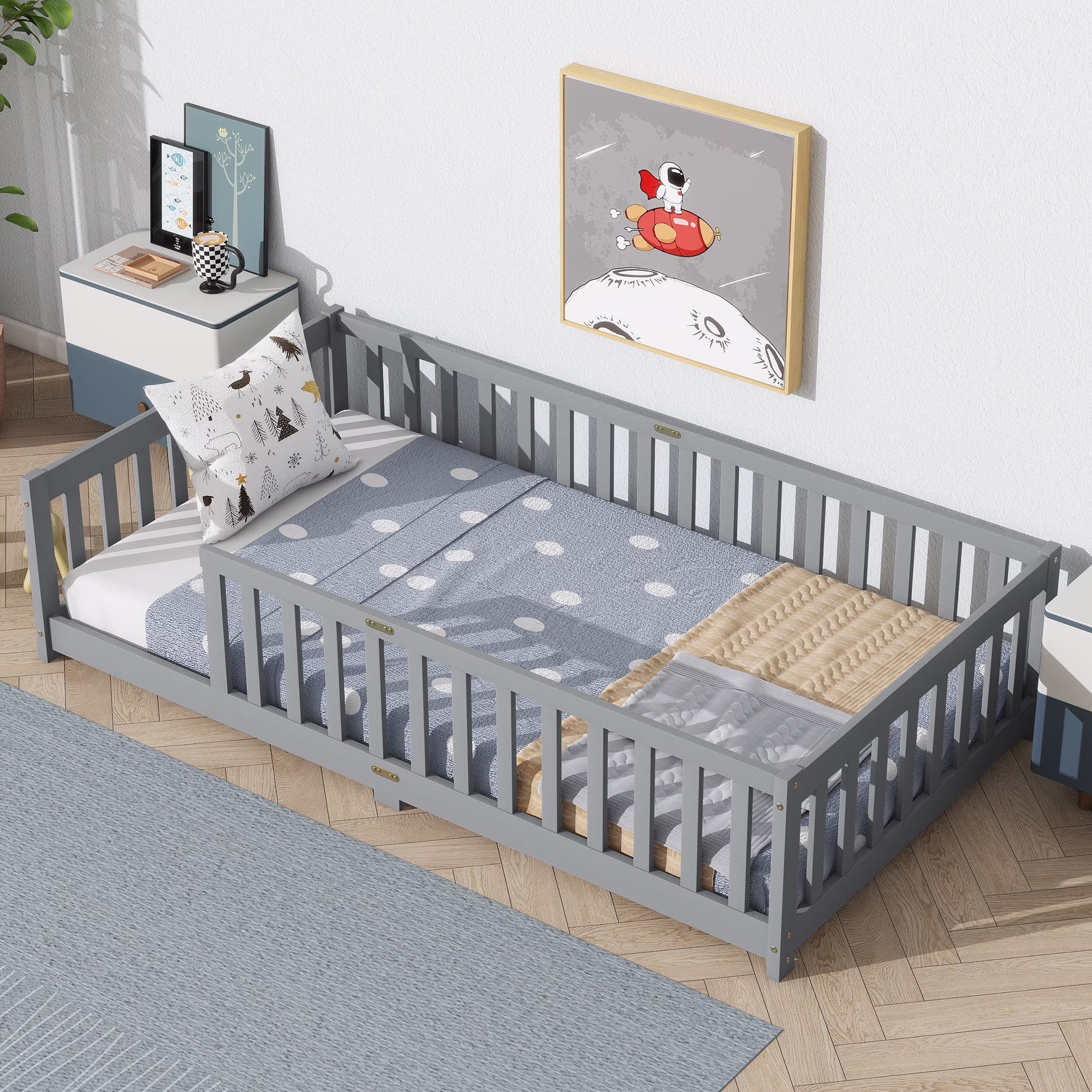 Miniyam Wooden Twin Size Floor Bed with Safety Fence for Kids, Natural