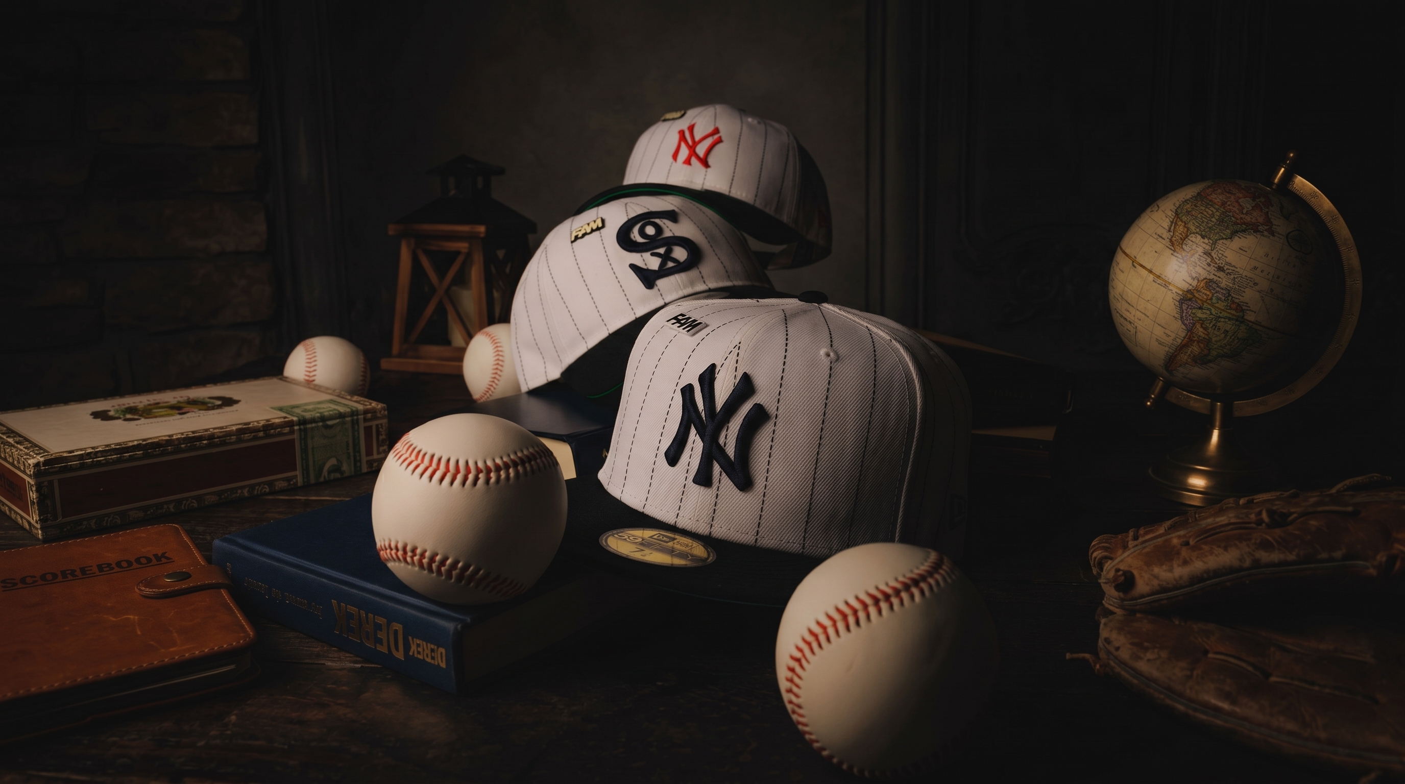 Pinstripe New York Yankees and Chicago White Sox fitted baseball caps stacked on a dark desk with baseballs, a vintage glove, and a globe