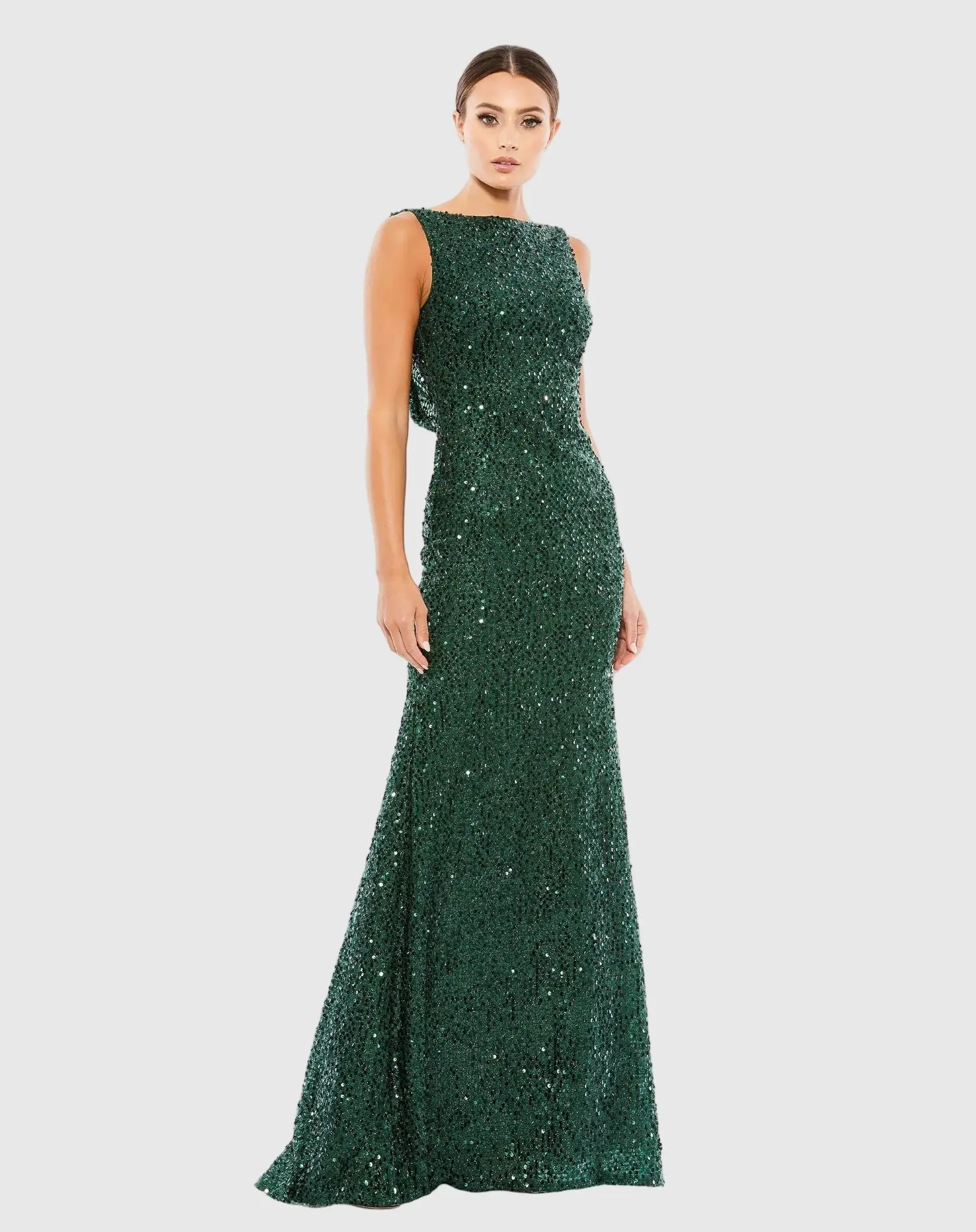 Petite Green Cowl Back Boat Neck Sequined Evening Gown - Special Events Unlimited