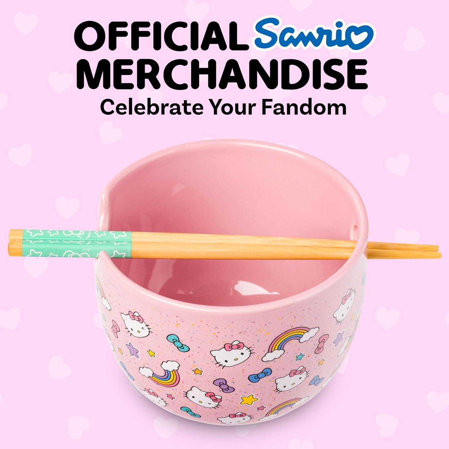 Silver Buffalo Sanrio Hello Kitty Bows Stars Rainbow Pattern Ceramic Ramen Noodle Rice Bowl with Chopsticks, Microwave Safe, 20 Ounces