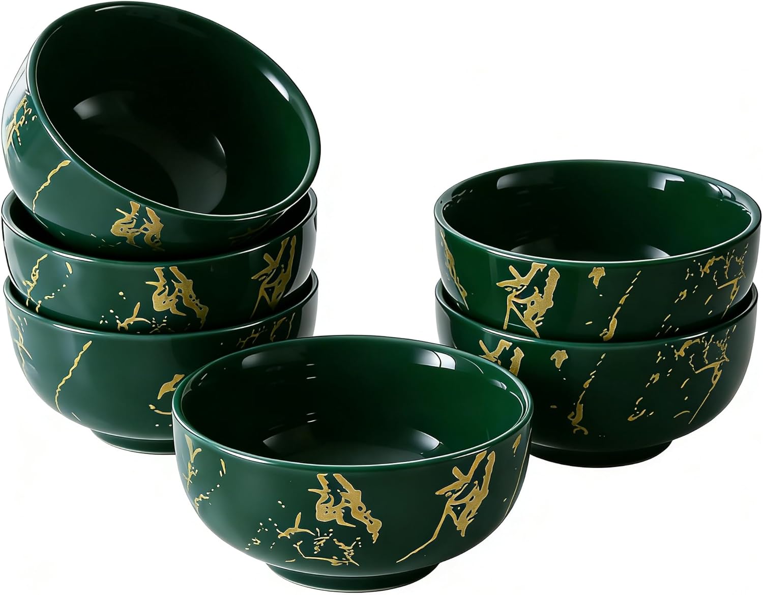 6-Piece Green and Gold Marble Ceramic Bowls, 20 oz – Bohemian Soup & Cereal Bowl Set, Dishwasher & Microwave Safe, for Ramen, Pasta, Salad, Dessert