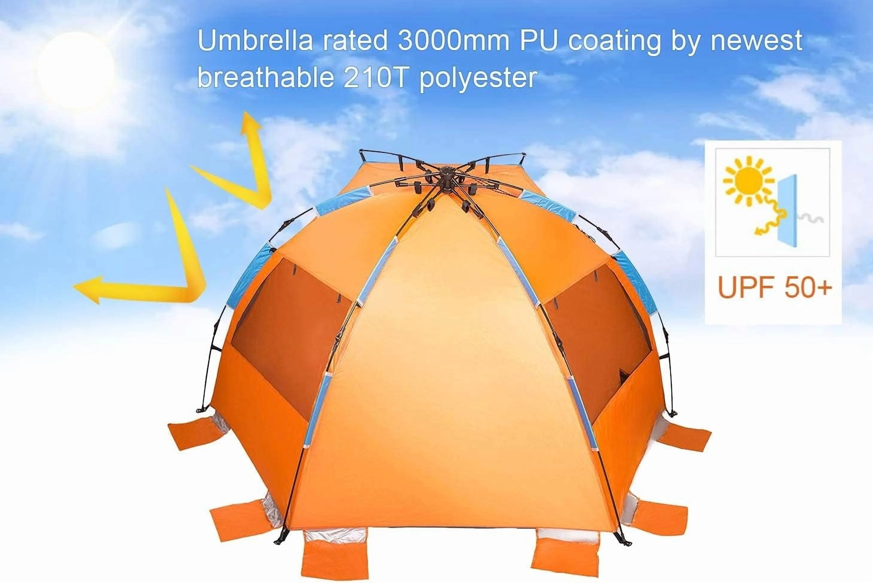 X-Large 4 Person Beach Tent Sun Shelter - Portable Sun Shade Instant Tent for Beach with Carrying Bag, Stakes, 6 Sand Pockets, Anti UV for Fishing Hiking Camping, Waterproof Windproof, Orange - Image 4