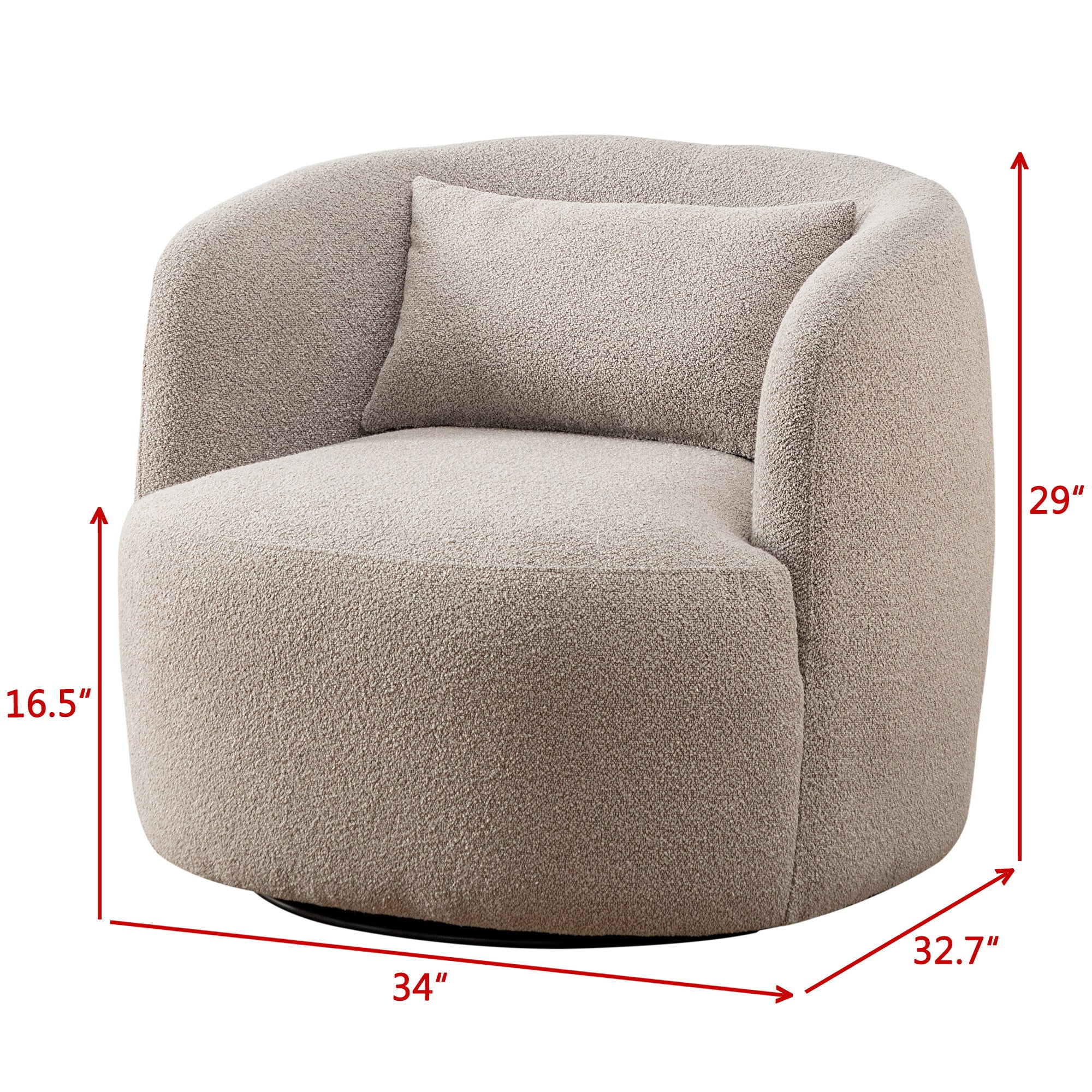 34" Wide Boucle Swivel Barrel Chair, No Assembly Round Upholstered Armchair Accent Chair Single Sofa Chair with Toss Pillow for Living Room and Bedroom, Taupe - Image 7