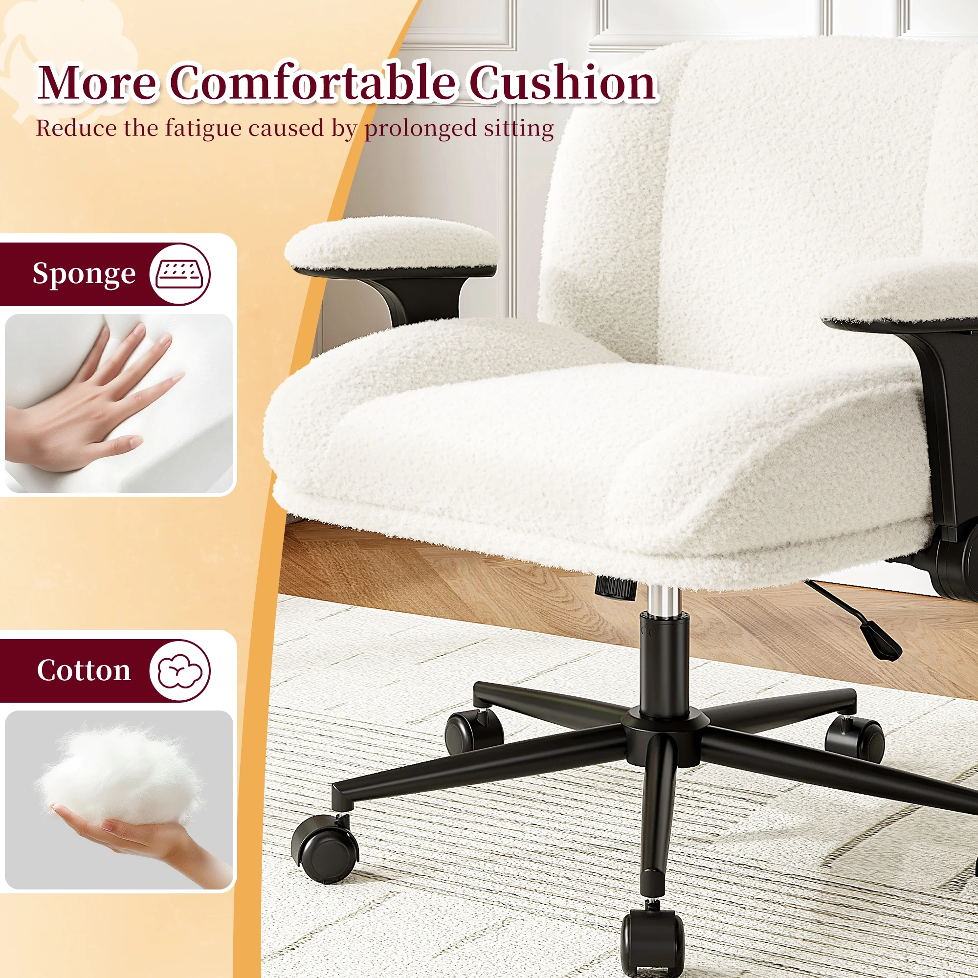 Romorgniz Criss Cross Chair with Adjustable Arms & Lumbar Support Office Chair with Reclining Back, Thick Cushion & Wheels for Office, Gaming, Reading, Vanity, Off-White - Image 9