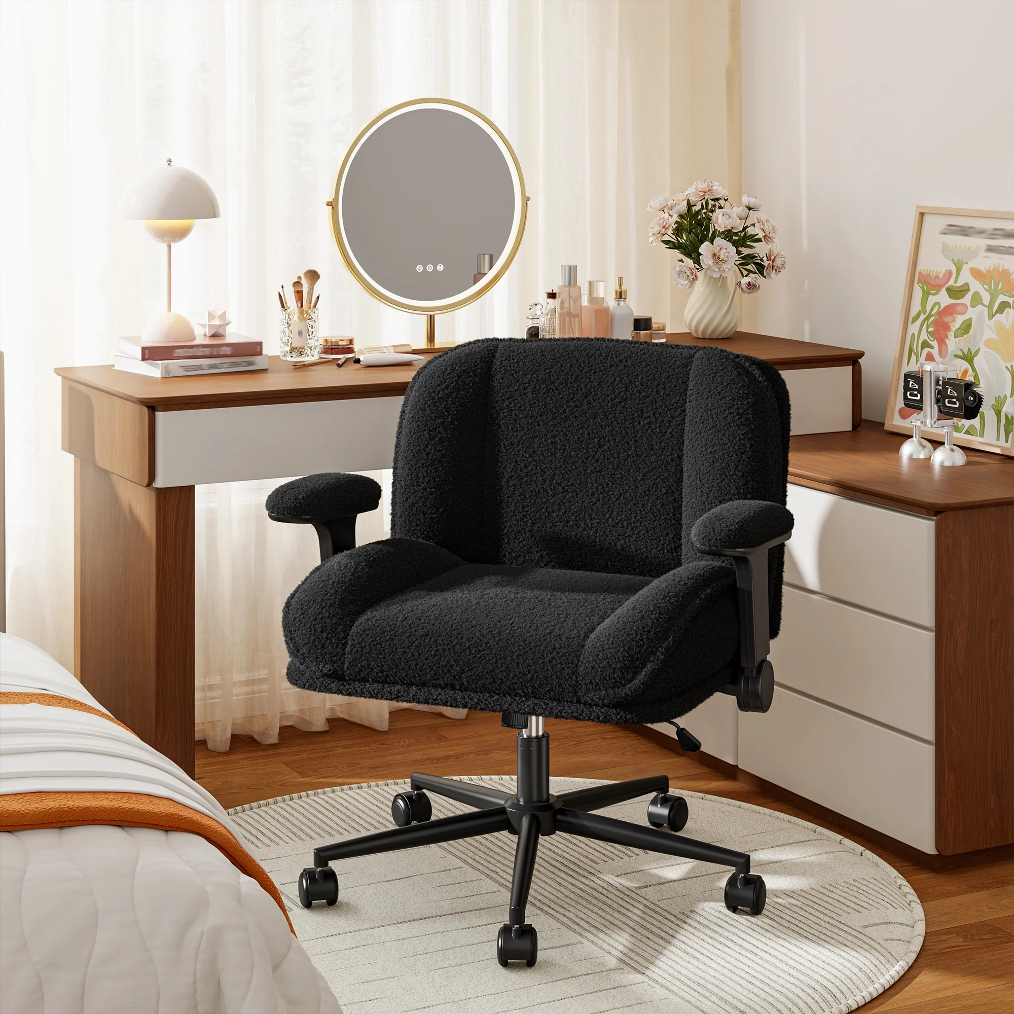 Romorgniz Criss Cross Chair with Adjustable Arms & Lumbar Support Office Chair with Reclining Back, Thick Cushion & Wheels for Office, Gaming, Reading, Vanity, Off-White - Image 23