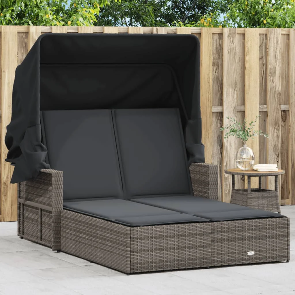 vidaXL Powder Coated Steel Removable Canopy and Cushions Double Sun Lounger, Beige - Image 23