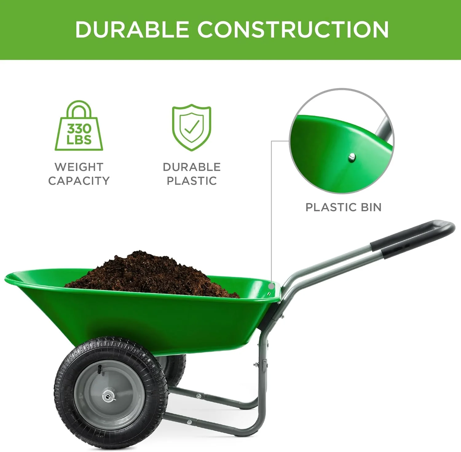 ZMMOO Dual-Wheel Home Utility Yard Wheelbarrow Garden Cart w/Built-in Stand for Lawn, Gardening, Construction - Red - Image 29