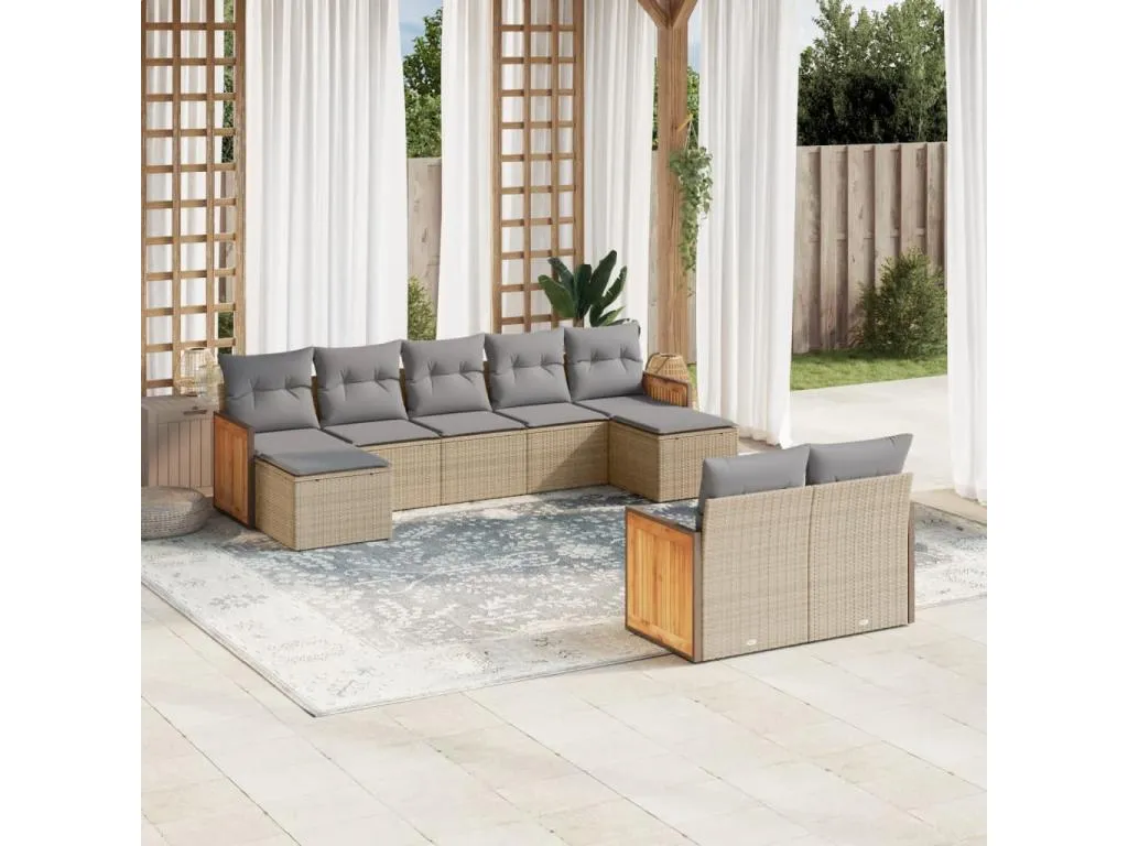 Set de sofás de jardín 9 piezas con cojines ratán sintético beige