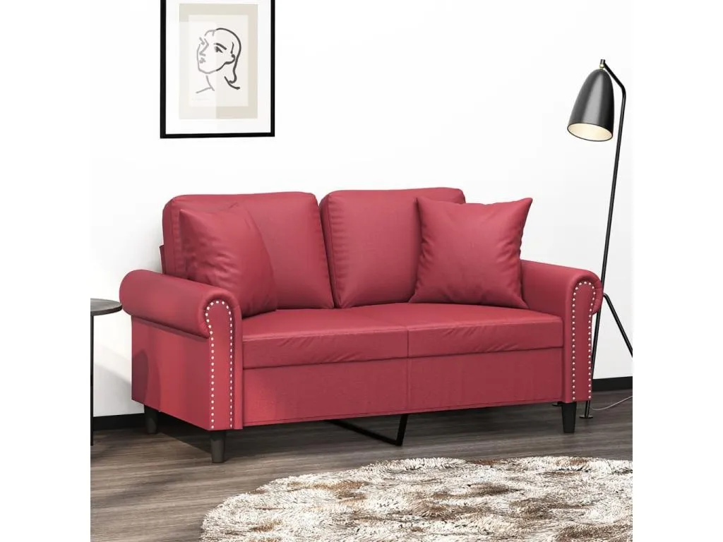 Sofá de 2 plazas con cojines cuero sintético rojo tinto 120 cm