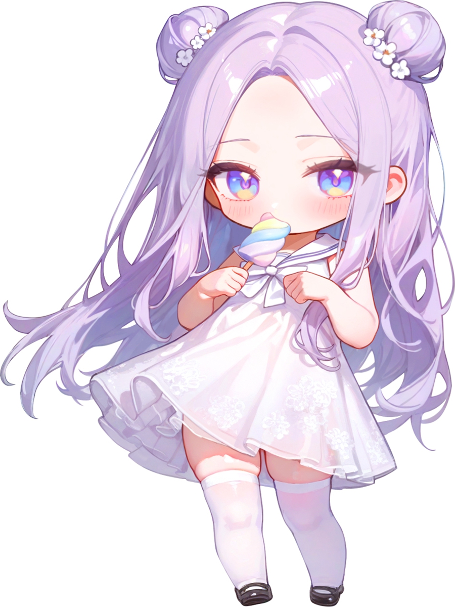Ilustración chibi de personaje anime con cabello lila y helado Dr.YUU
