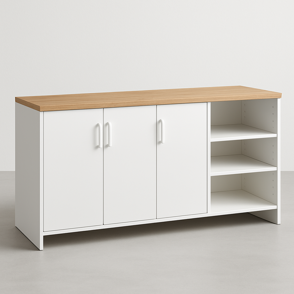Armario de almacenamiento de estructura de madera maciza y paneles de melamina en blanco/natural, 150x40x60 cm