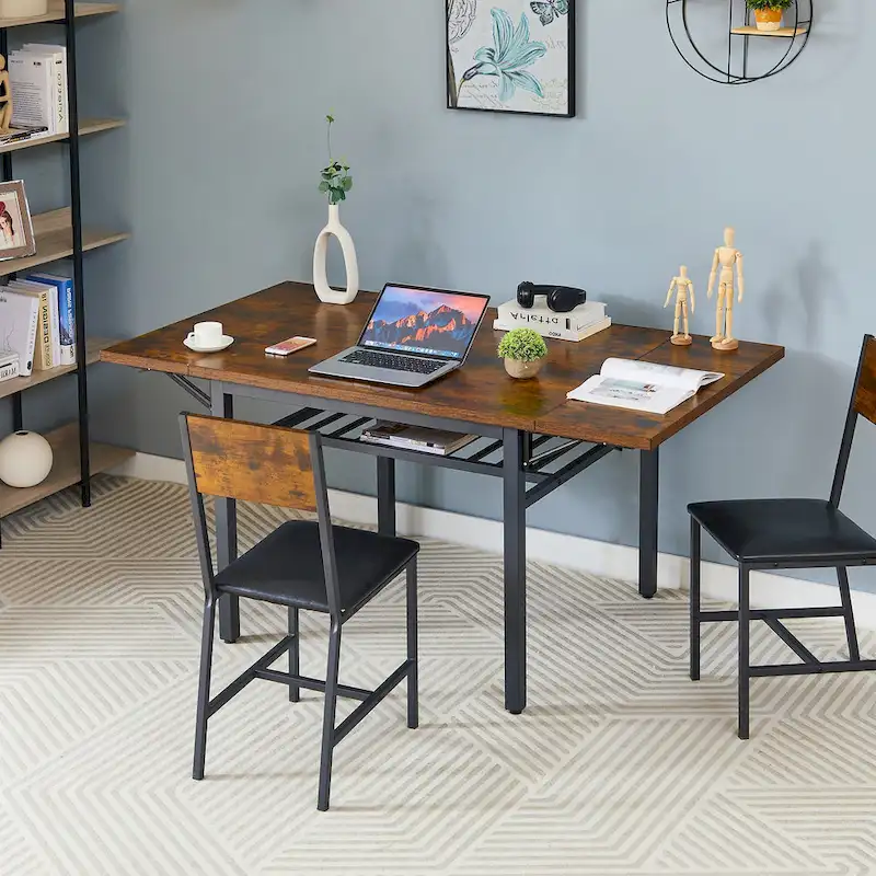 Contemporary Industrial 63.2" Extendable Dining Table with Drop Leaf, Accommodates 6