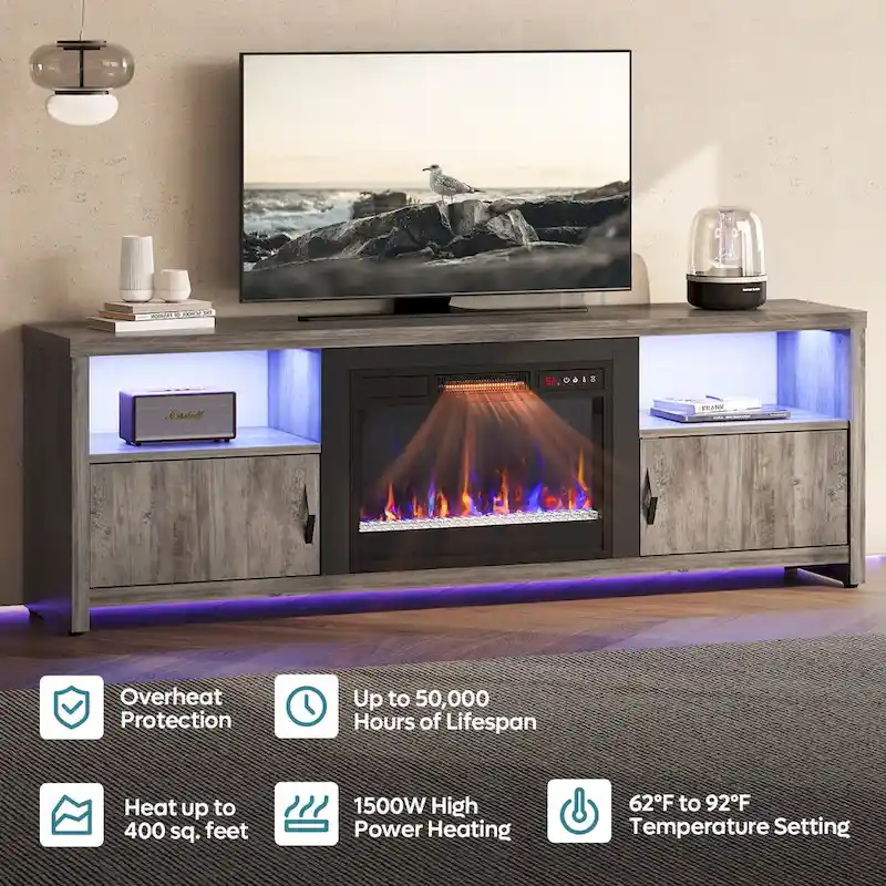 71-Inch TV Stand for 75-Inch TVs with LED Fireplace and Storage Cabinet