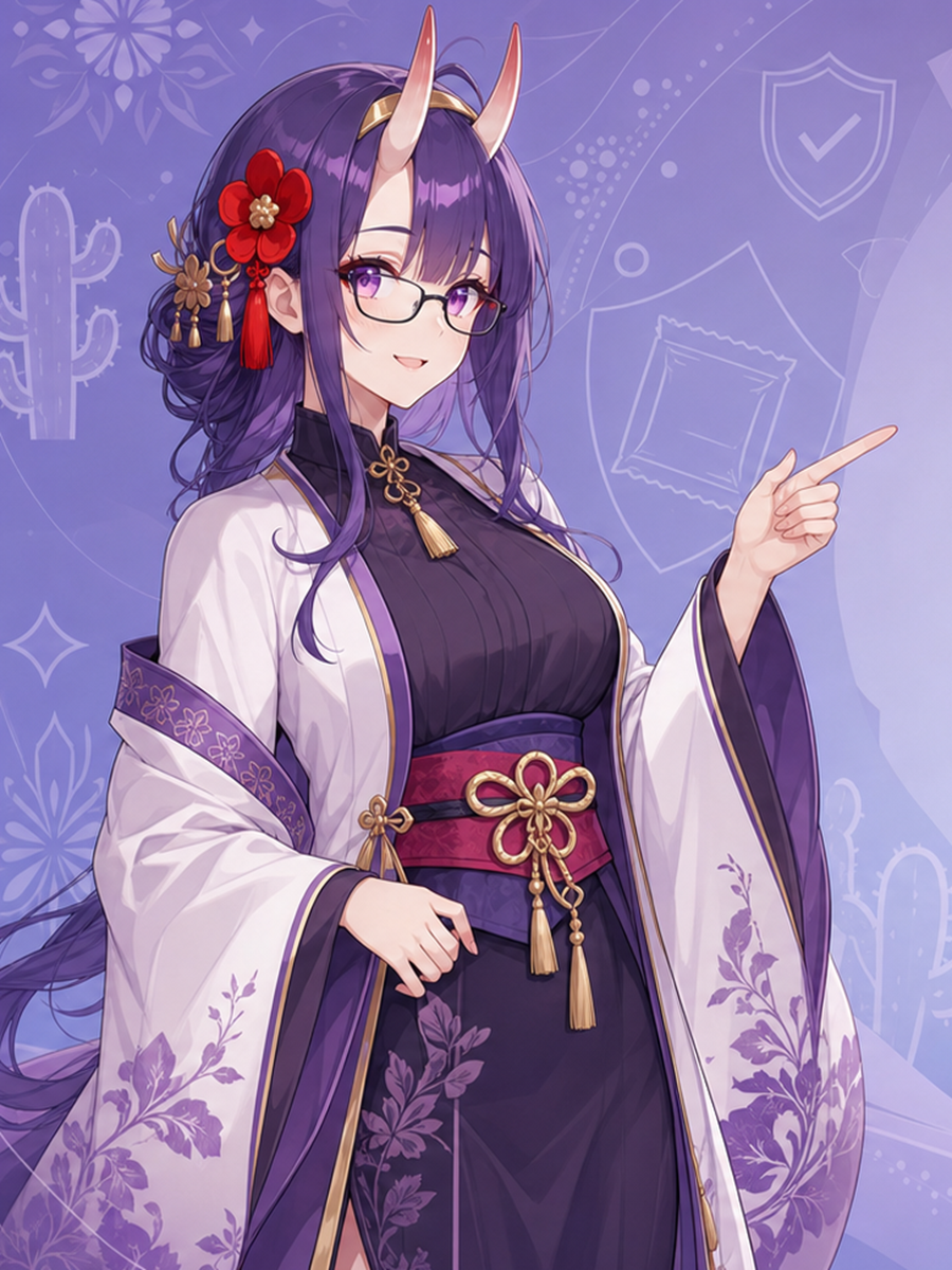 Personaje anime con cuernos, gafas y kimono morado señala iconos de protección
