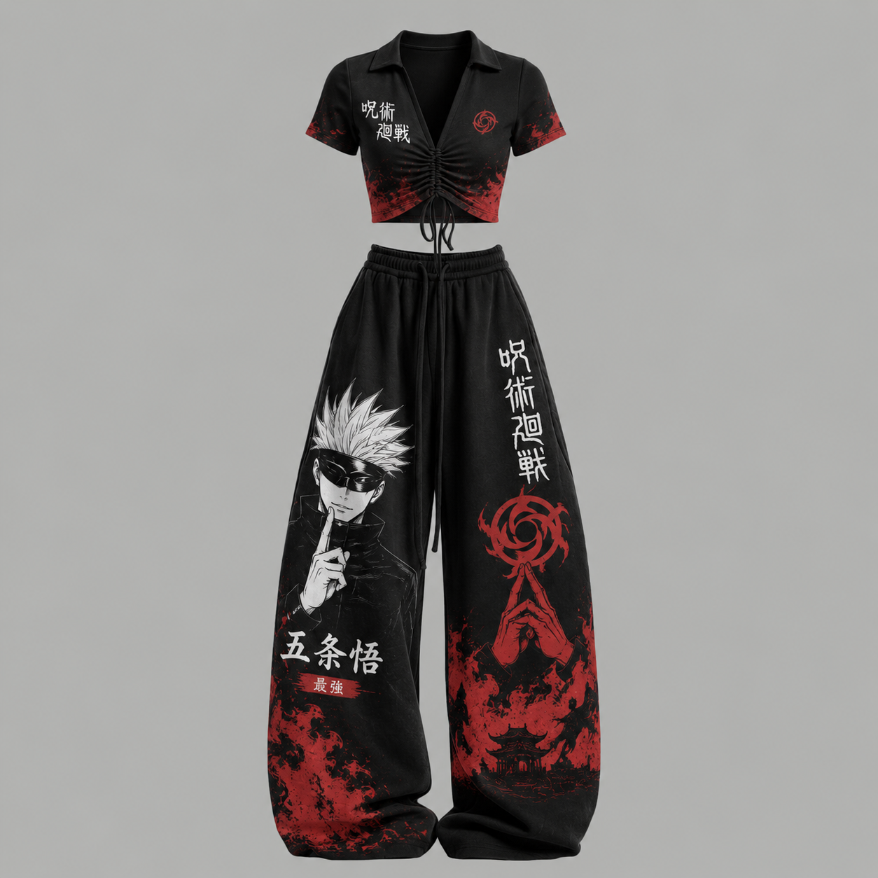 Jujutsu Kaisen Drawstring Short Sleeve Top & Long Pants Two-Piece Set