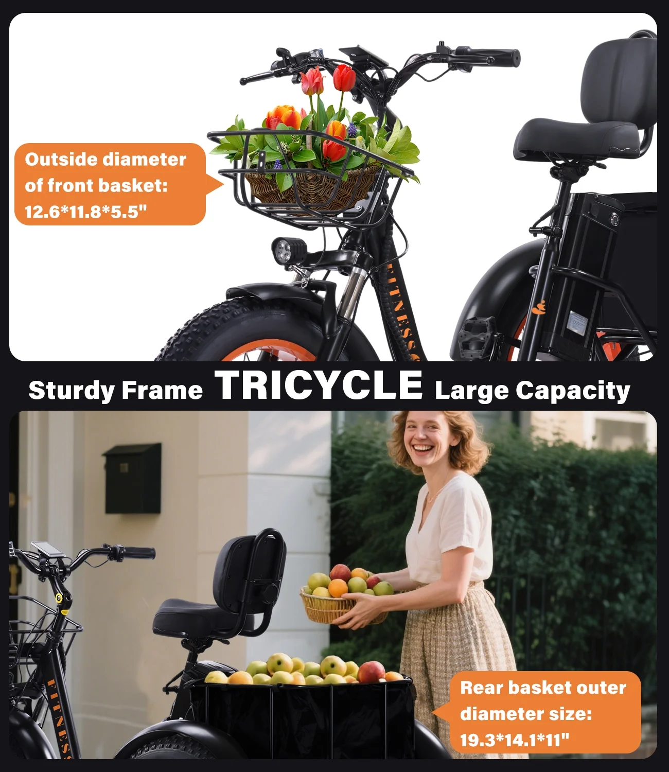 YEBEI Electric Tricycle for Adults Folding E-Trike Motorized Tricycle Electric 3 Wheels Trike Powerful 500W Motor Electric Tricycle 48V15AH Lithium Battery Max 20MPH 20*4.0- Fat Tire Orange - Image 10
