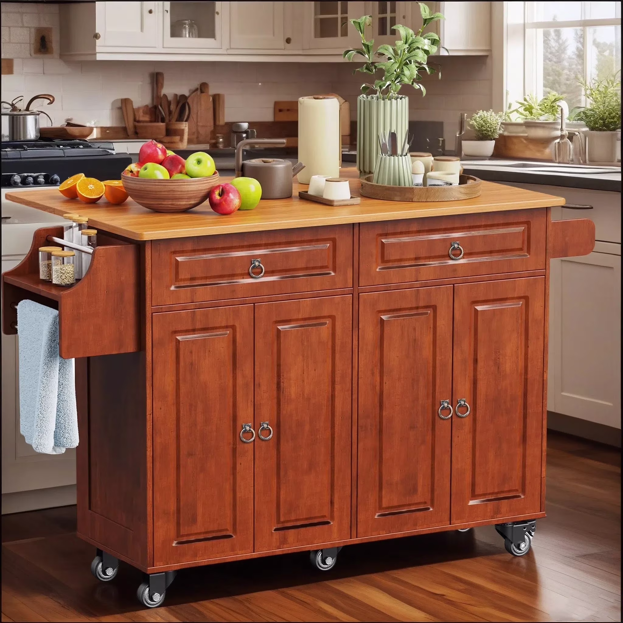Lofka 52-Inch Kitchen Island with Storage on Wheels with Wood Drop Leaf, Ideal for Small Kitchens - Image 3
