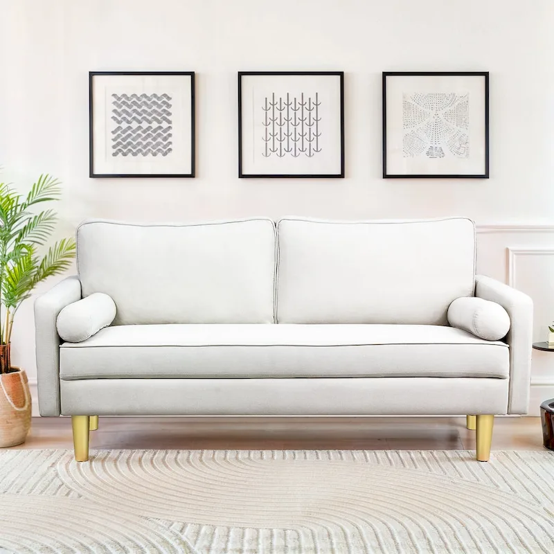 Elegant 65-Inch Orange Polyester 2-Seater Loveseat with Side Pockets and Round Cushions