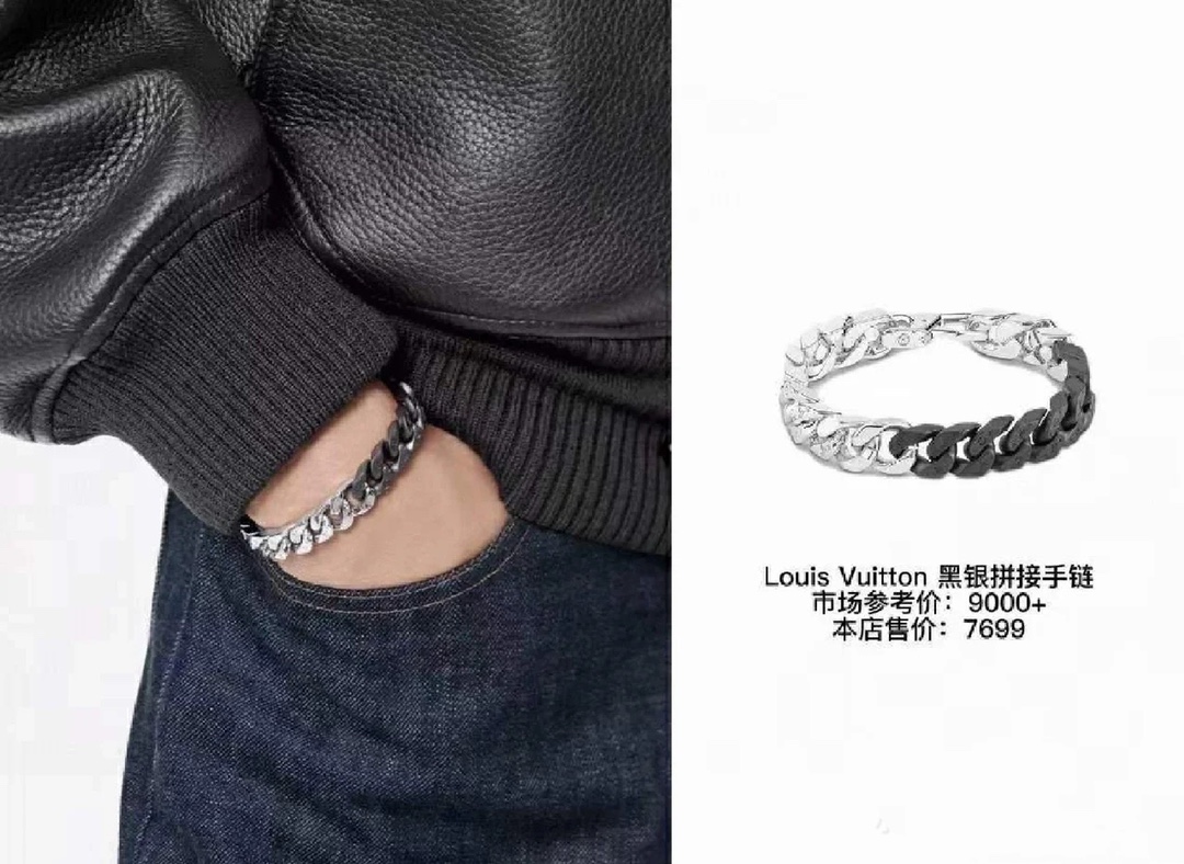 Louis Vuitton Silver Black Cuban Monogram Mens Bracelet - Original Replica Club