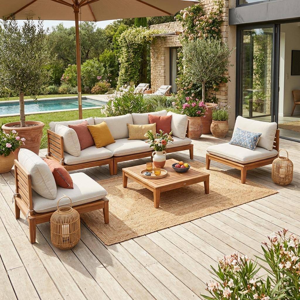 Yona borreguito - Conjunto muebles de jardín modular de madera de acacia y borreguito, 5 plazas