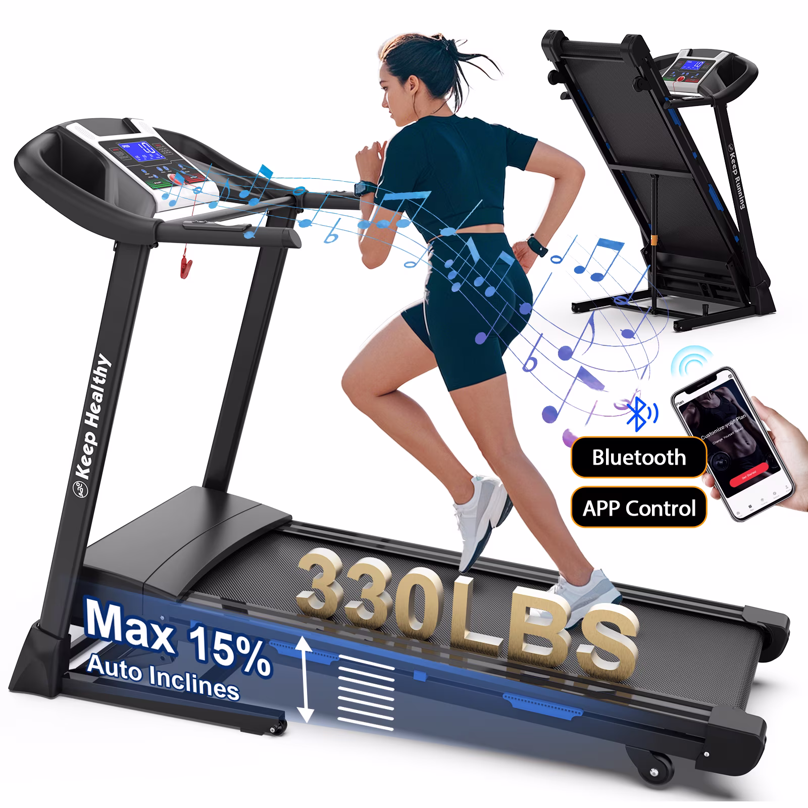 FLIMDER 330 lb Capacity 15% Auto Incline Folding Treadmills with APP for Home, 3.5HP 10MPH Speed Bluetooth Heart Rate Sensor for Running Walking Jogging Exercise Fitness(MODEL 3 - Green)