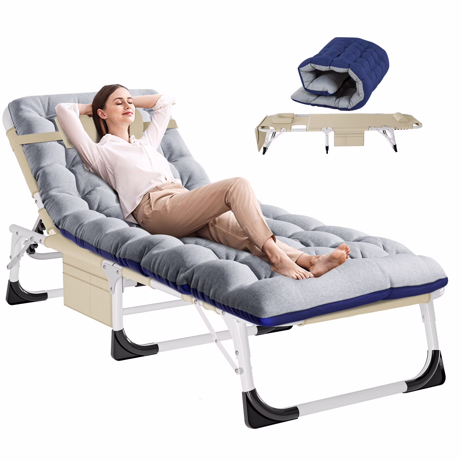 MOPHOTO Lounge Chair with Mattress, Outdoor Chaise Lounge Support 440 Lbs, Adjustable Portable Heavy Duty Sleeping Cots Bed for Camping, Pool, Beach, Patio - Image 9
