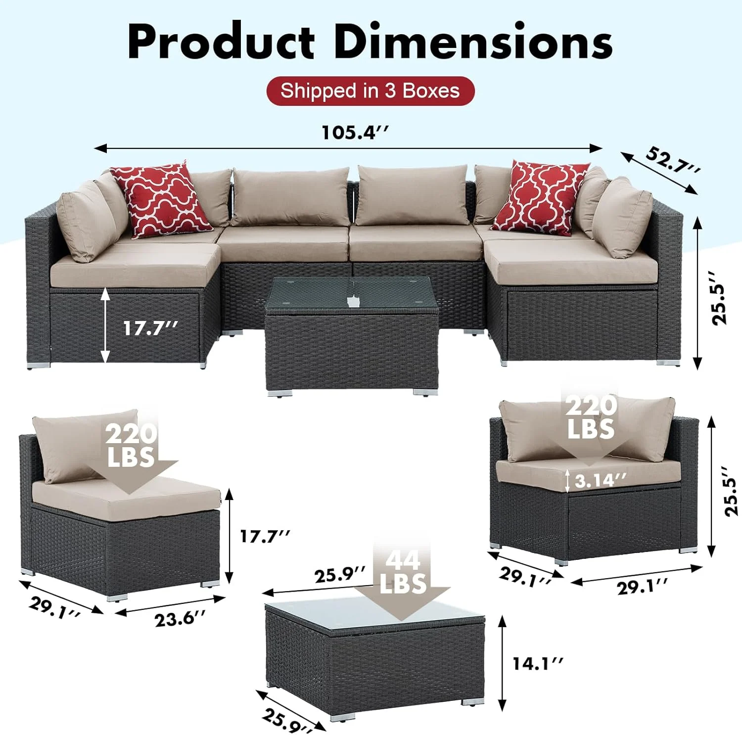 7 Piece Patio Furniture Sets Outdoor Sectional PE Rattan Outdoor Furniture Patio Conversation Set with Cushions and Glass Coffee Table, for Balcony Lawn and Garden, Gray - Image 25