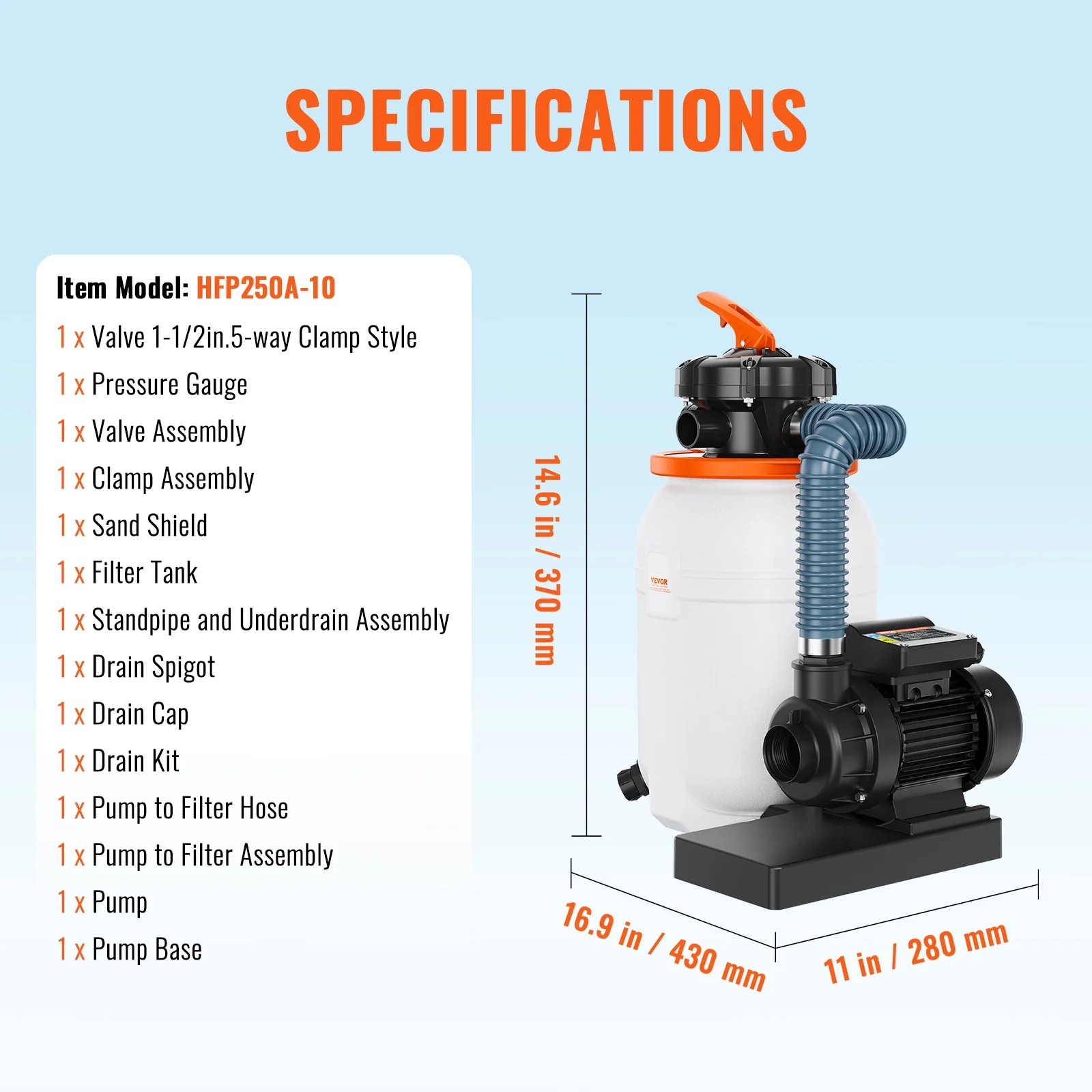 SKYSHALO Sand Filter Above Ground 0.33HP Pool Pump 1585GPH Flow 10" 5-Way Valve - Image 3