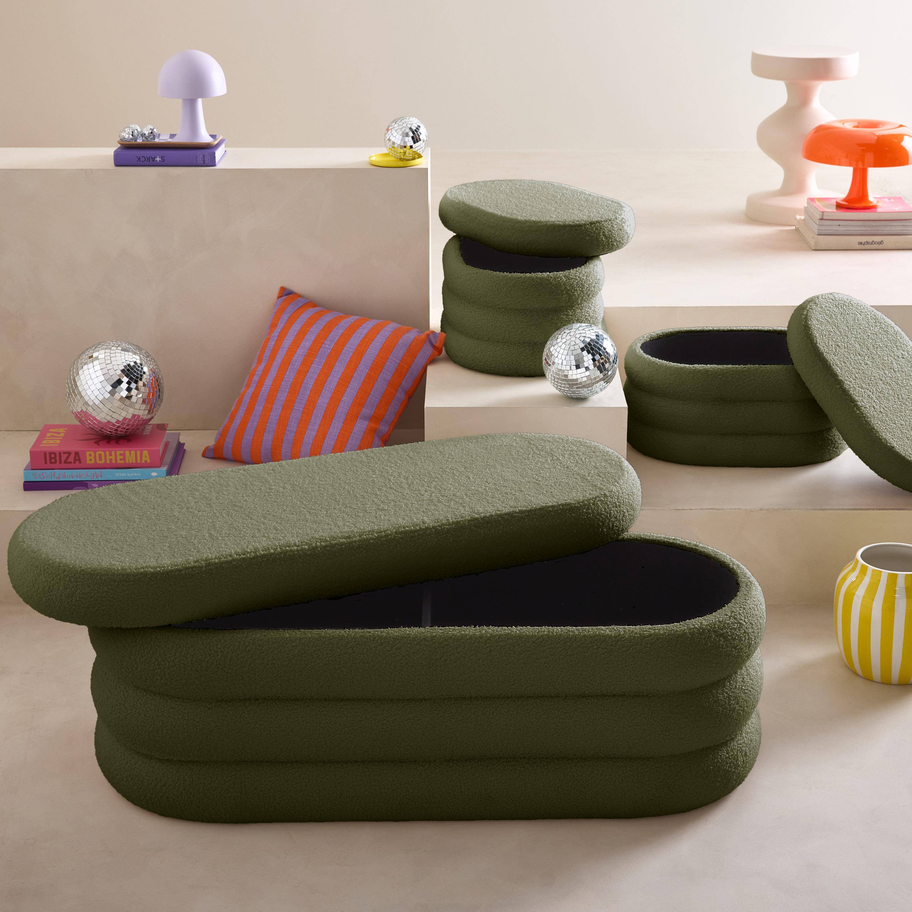 Snow - Banco cofre de almacenamiento borreguito con 2 puffs