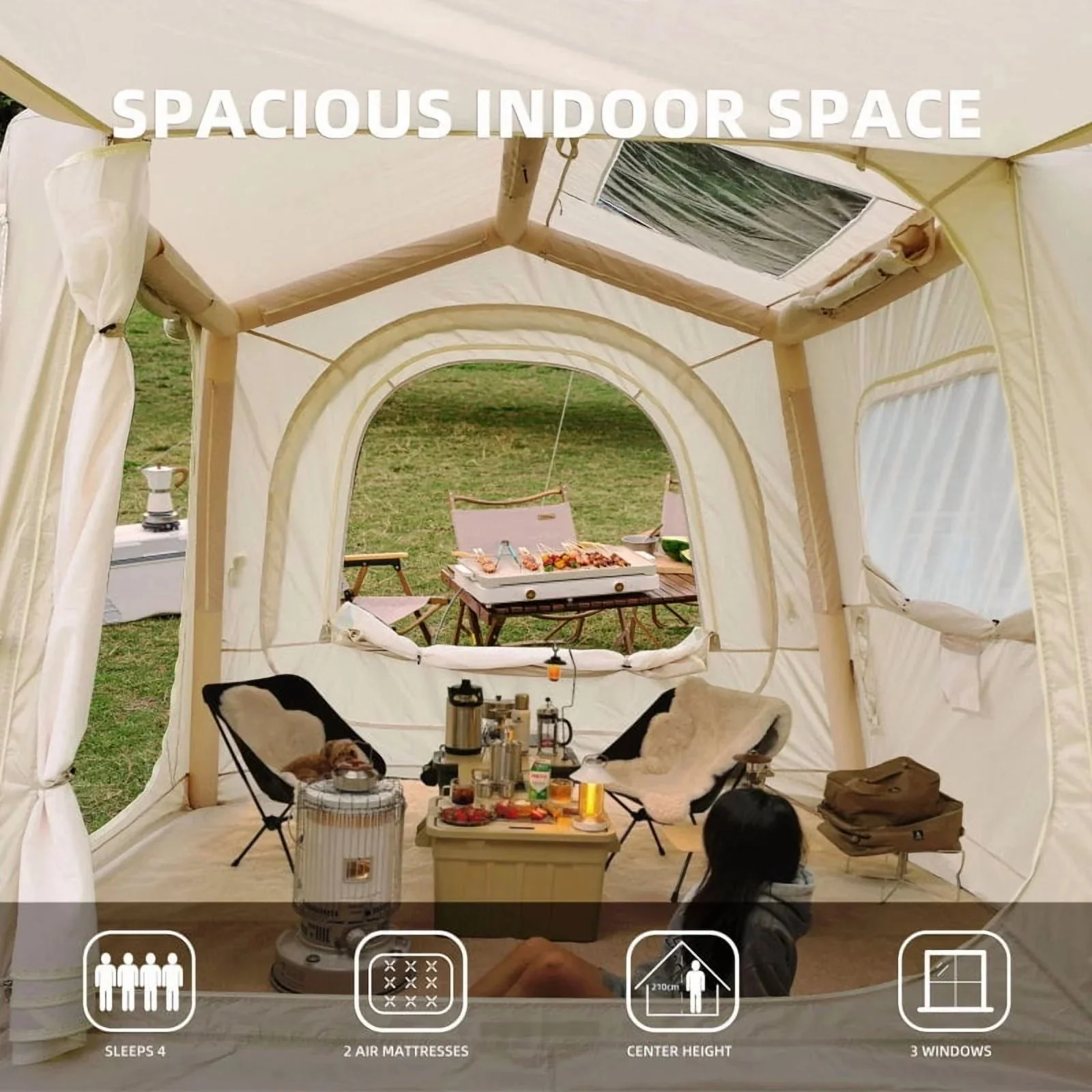 Beige Inflatable Camping Tent, 4-6 Person, 118in L x 98.5in W x 83in H, 4-Season, Oxford - Image 4 Beige Inflatable Camping Tent, 4-6 Person, 118in L x 98.5in W x 83in H, 4-Season, Oxford - Image 4