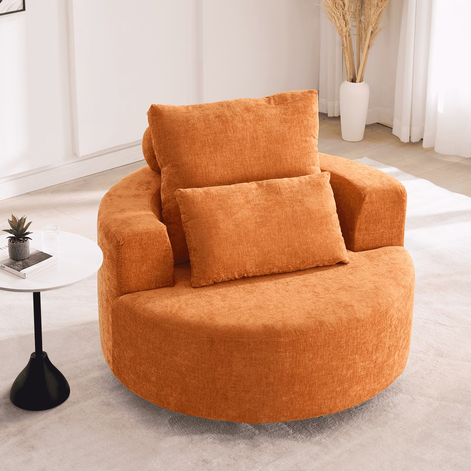 Fumahaus Upholstered Swivel Accent Chair, Oversized Comfy Round Sofa Chair with Two Pillows, Leisure Sofa Chair for Living Room Bedroom, Beige - Image 5