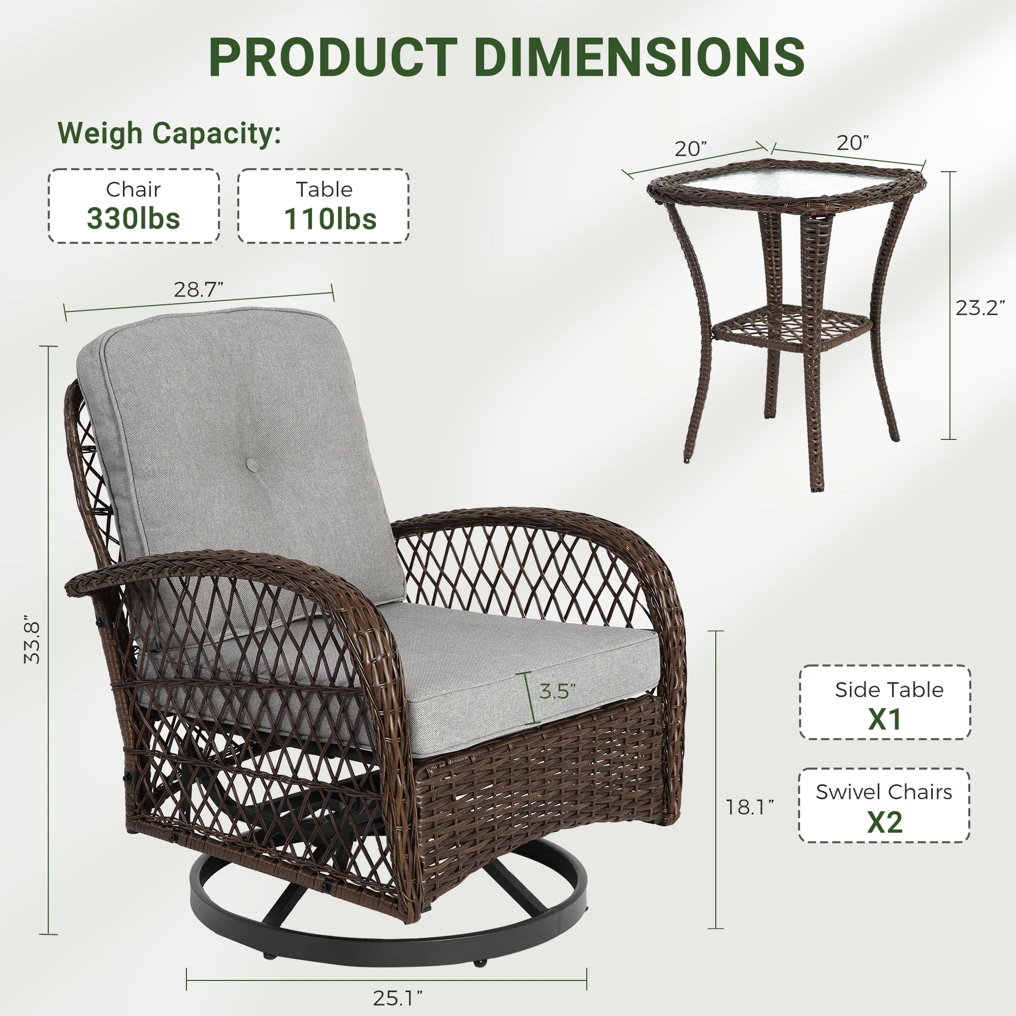 3 Piece Patio Swivel Rocker Chairs Set, 2 360-Degree Swivel Rocking Chairs with 1 Glass Top Table, PE Rattan Outdoor Bistro Set with Cushions for Balcony Deck Poolside Backyard Porch - Image 35