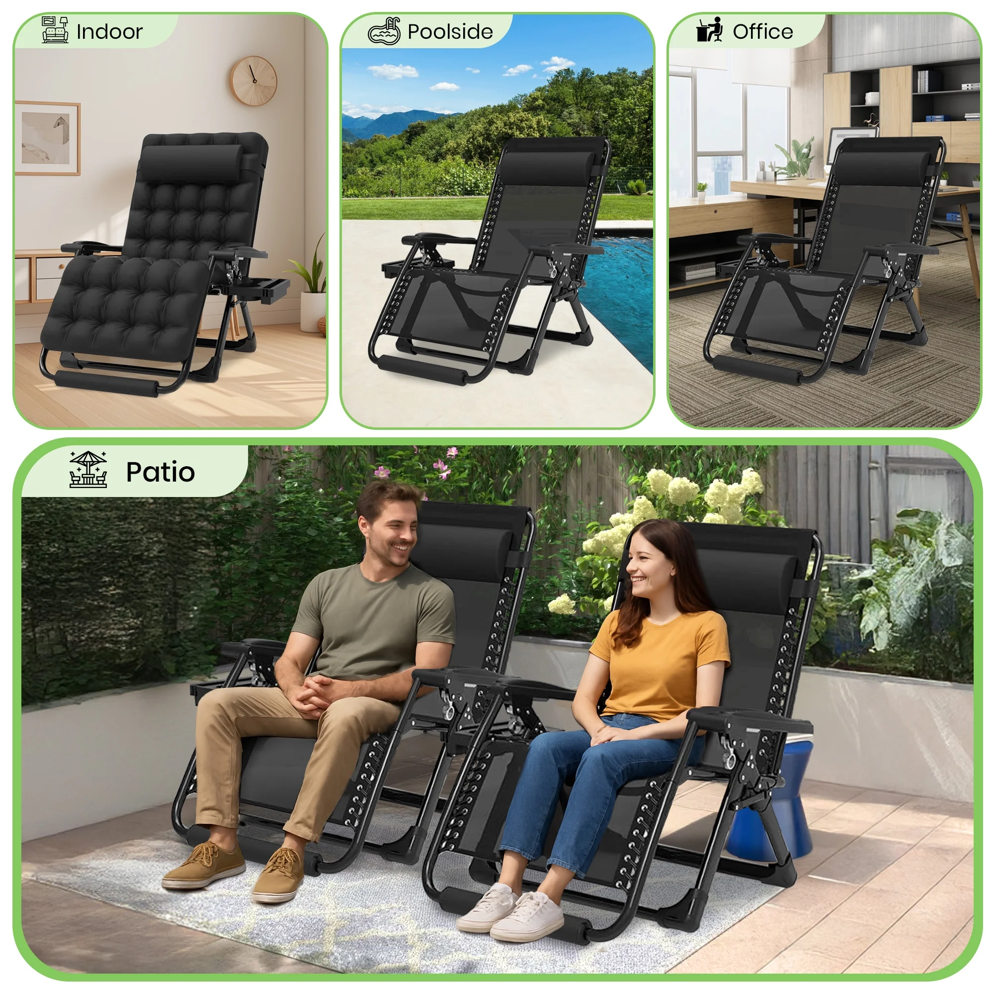 GVDV Oversized Zero Gravity Chair, 33In XXL Lounge Chair with Removable Thick Cushion, Lawn Patio Reclining Chair Upgraded Alloy Lock and Cup Holder, for Indoor Outdoor, Black - Image 7