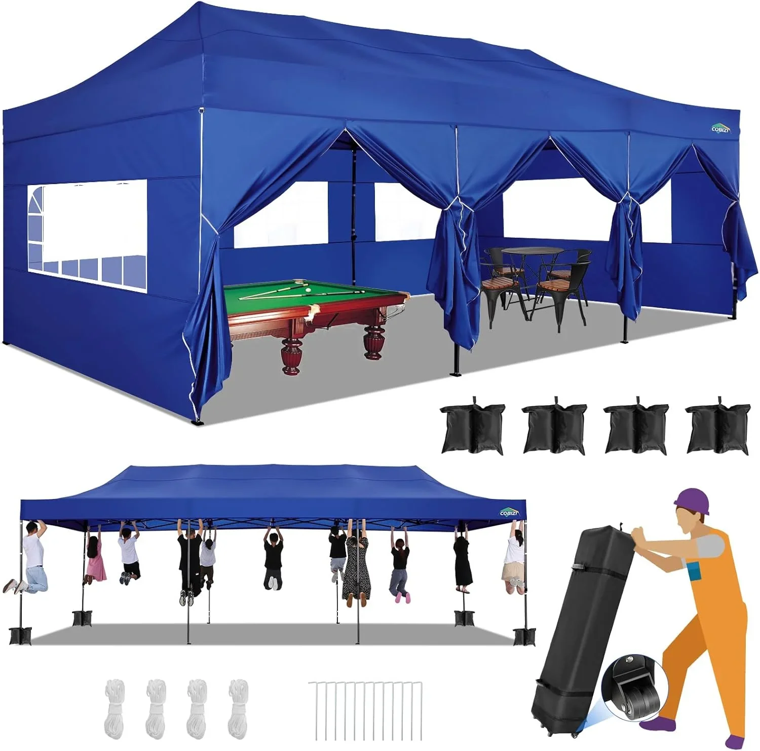 COBIZI 10x20 Heavy Duty Pop up Canopy Tent with 6 sidewalls Easy Up Commercial Outdoor Canopy Wedding Party Tents for Parties All Season Wind & Waterproof Gazebo with Roller Bag,Black(Frame Thickened)