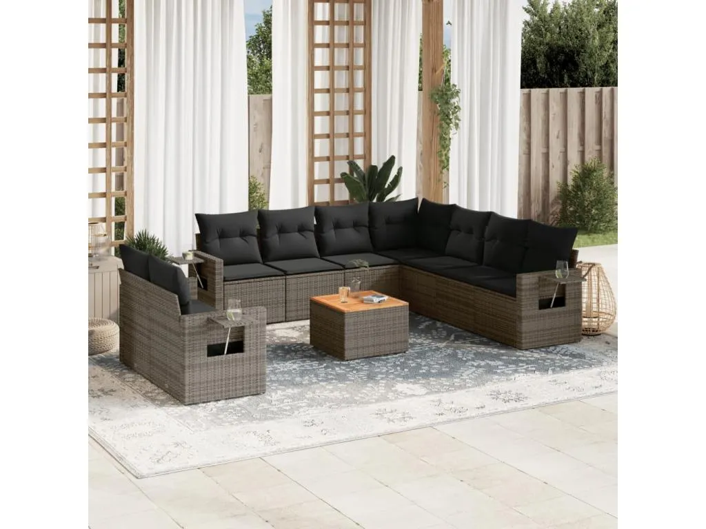 Decocasaes Set de sofás de jardín 10 pzas con cojines ratán sintético gris sstg25363