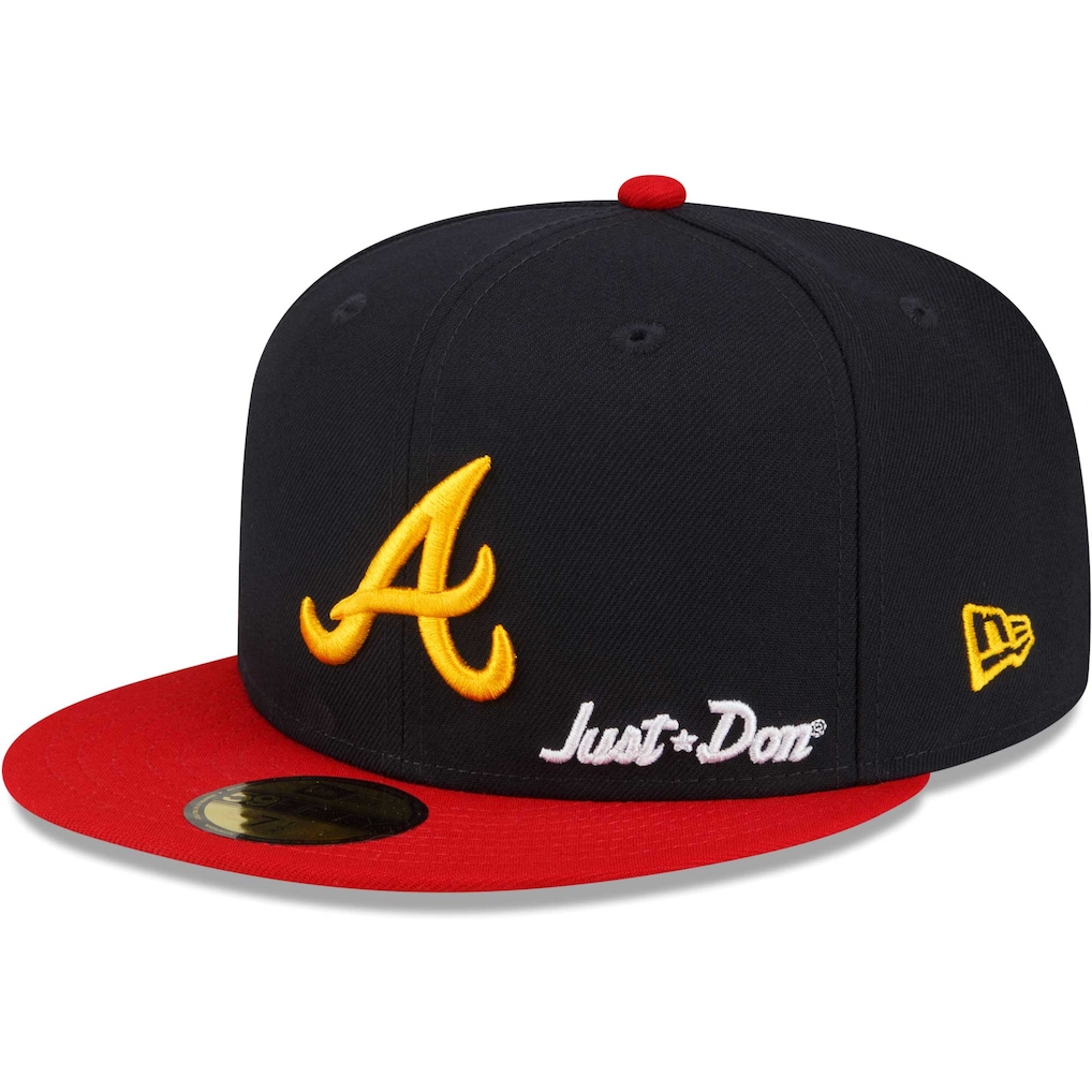 Angled left view highlighting the embroidered Just Don wordmark and yellow New Era flag on the side panel.