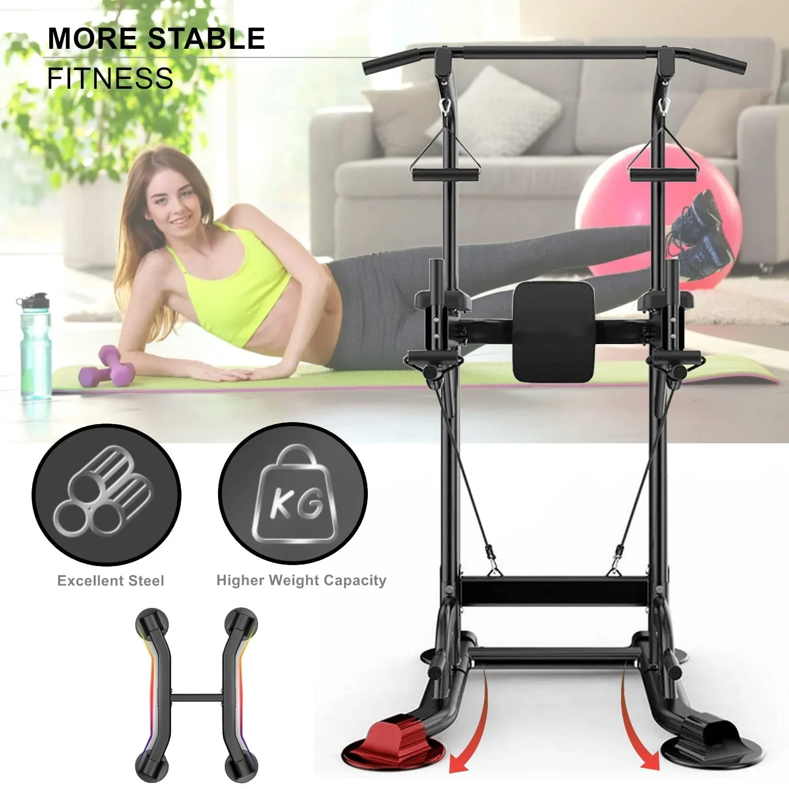 PROHIKER Power Tower Dip Station With Backrest And Resistance Band, Black - Image 9 PROHIKER Power Tower Dip Station With Backrest And Resistance Band, Black - Image 9