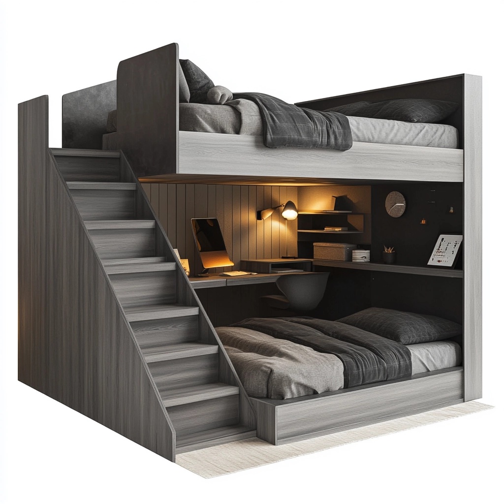 Litera de Madera para Dormitorio con Escritorio Integrado Color Gris Espacio Compacto para Niños y Adultos
