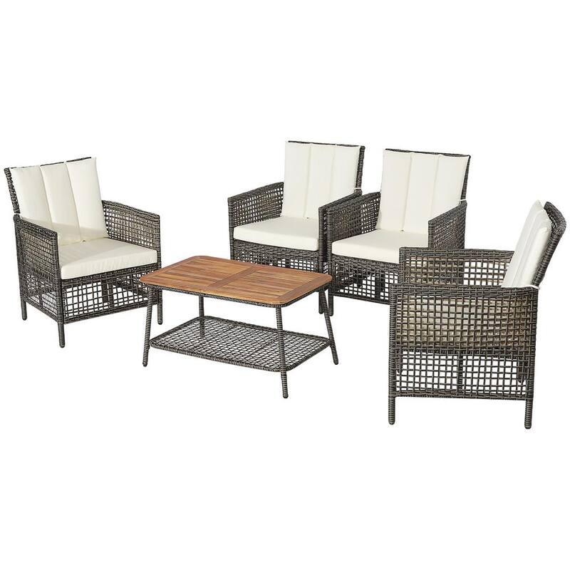 Set de Mobiliario de Rattan para Patio de 5 Piezas con Sofá con Cojines y Mesa de Madera en Color Blanco Roto je9890318