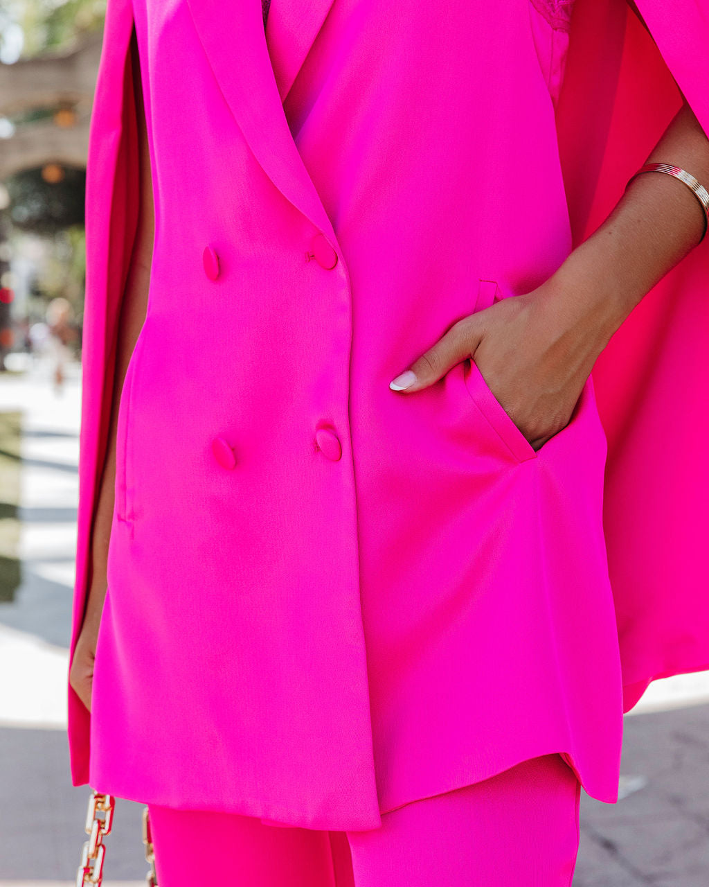 Statement Maker Satin Cape Pocketed Blazer - Hot Pink - Se7enfashion