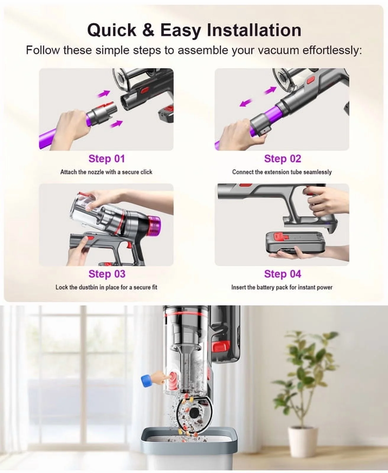 Hosaud Cordless Vacuum Cleaner - 45000pa 550W 55mins 2600mAh Lightweight Stick Vacuum Cleaners for Home Pet Hair Carpet Floor Purple - Image 9