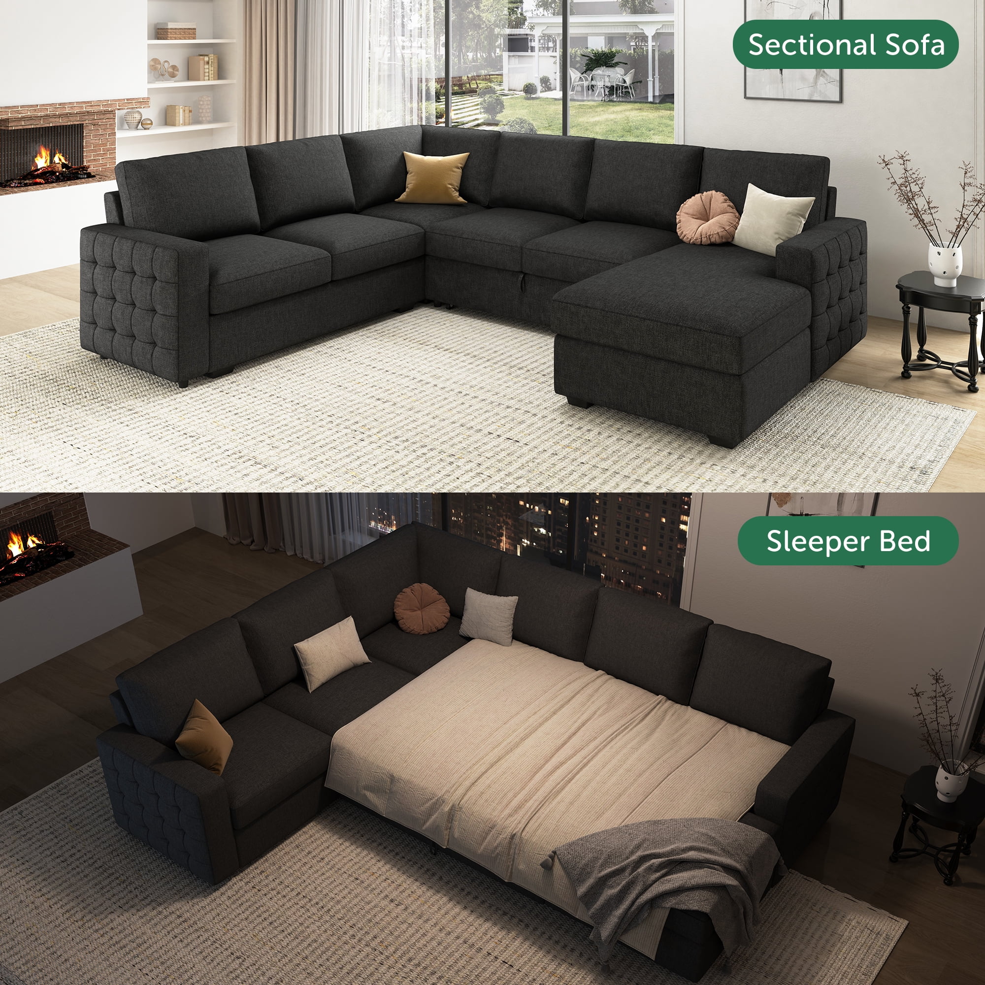 HONBAY Modular Sectional Pull-Out Sofa Bed with Storage Velvet U-Shaped Convertible Sleeper Sofa for Living Room, Blue - Image 25