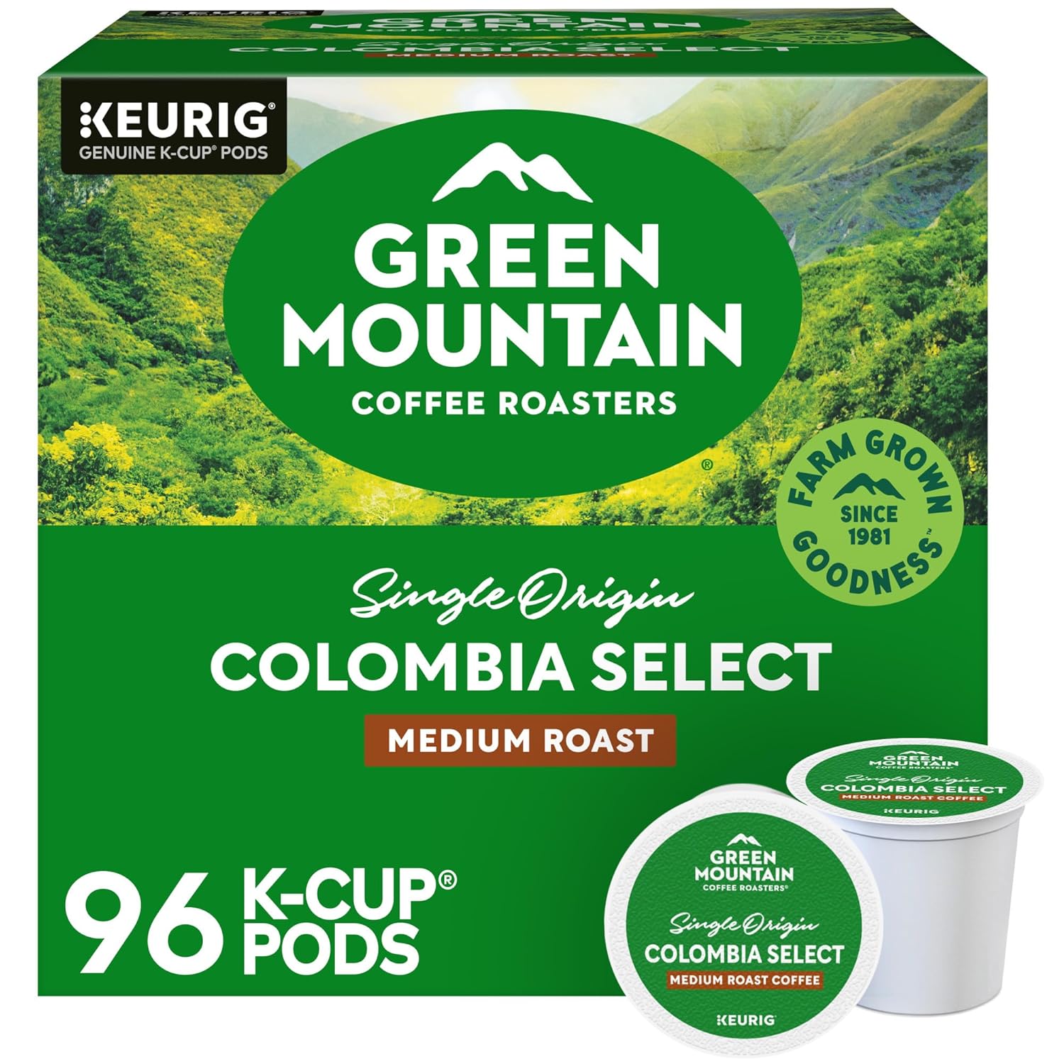 Green Mountain Coffee Roasters Colombia Select Coffee. Keurig Single-Serve K-Cup Pods. Medium Roast Coffee. 96 Count