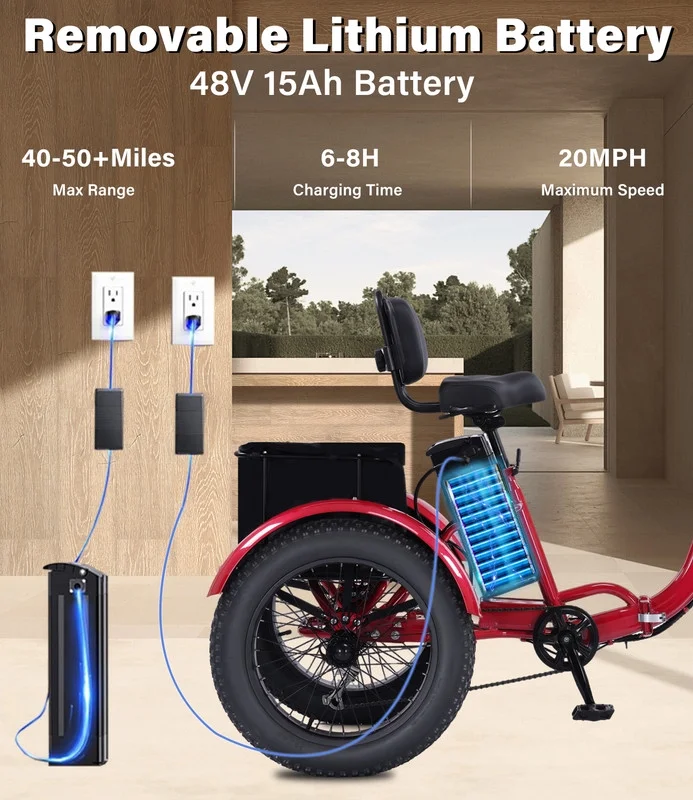 YEBEI Electric Tricycle for Adults Folding E-Trike Motorized Tricycle Electric 3 Wheels Trike Powerful 500W Motor Electric Tricycle 48V15AH Lithium Battery Max 20MPH 20*4.0- Fat Tire Orange - Image 39