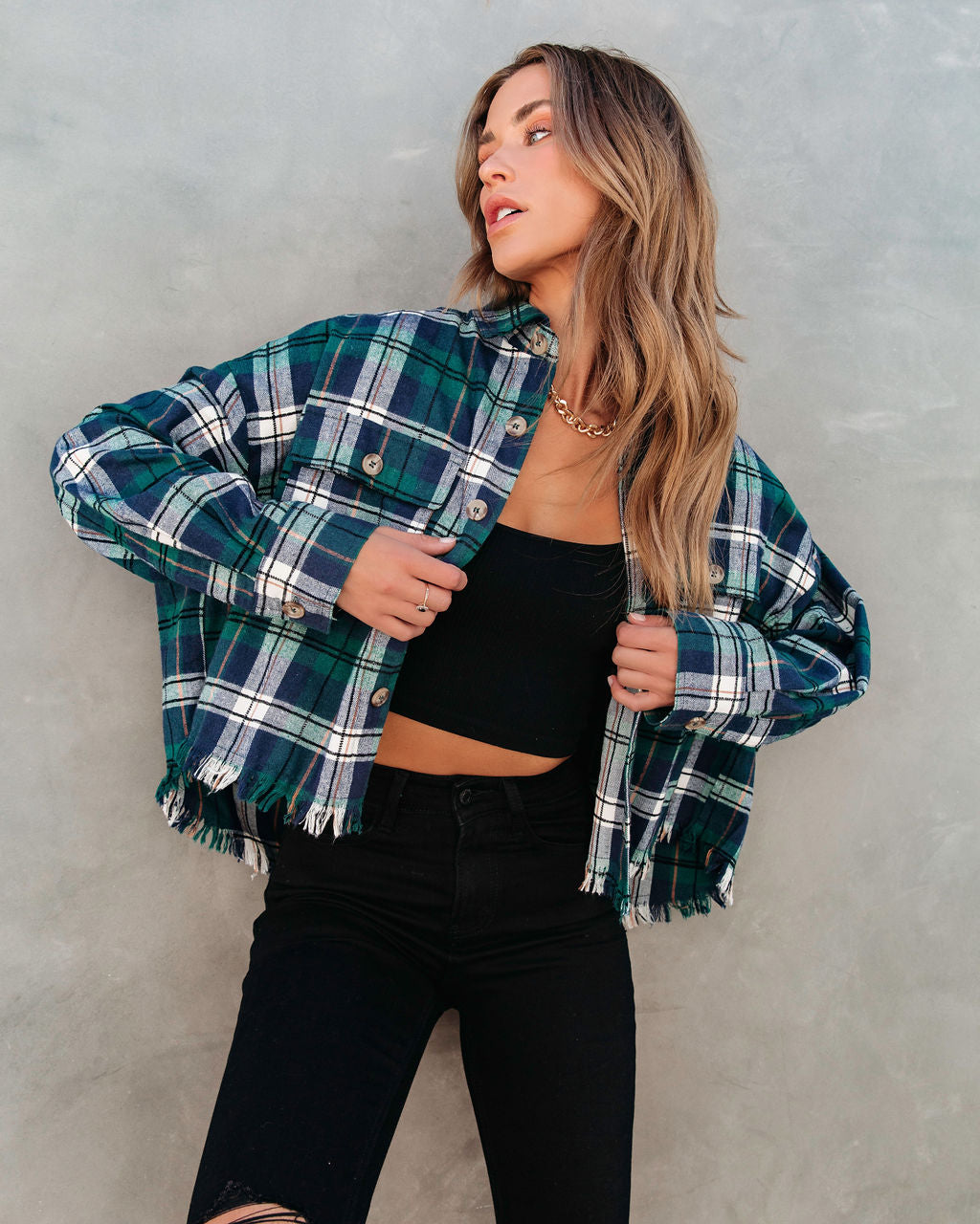 Sporadically Cool Plaid Frayed Button Down Top - Se7enfashion