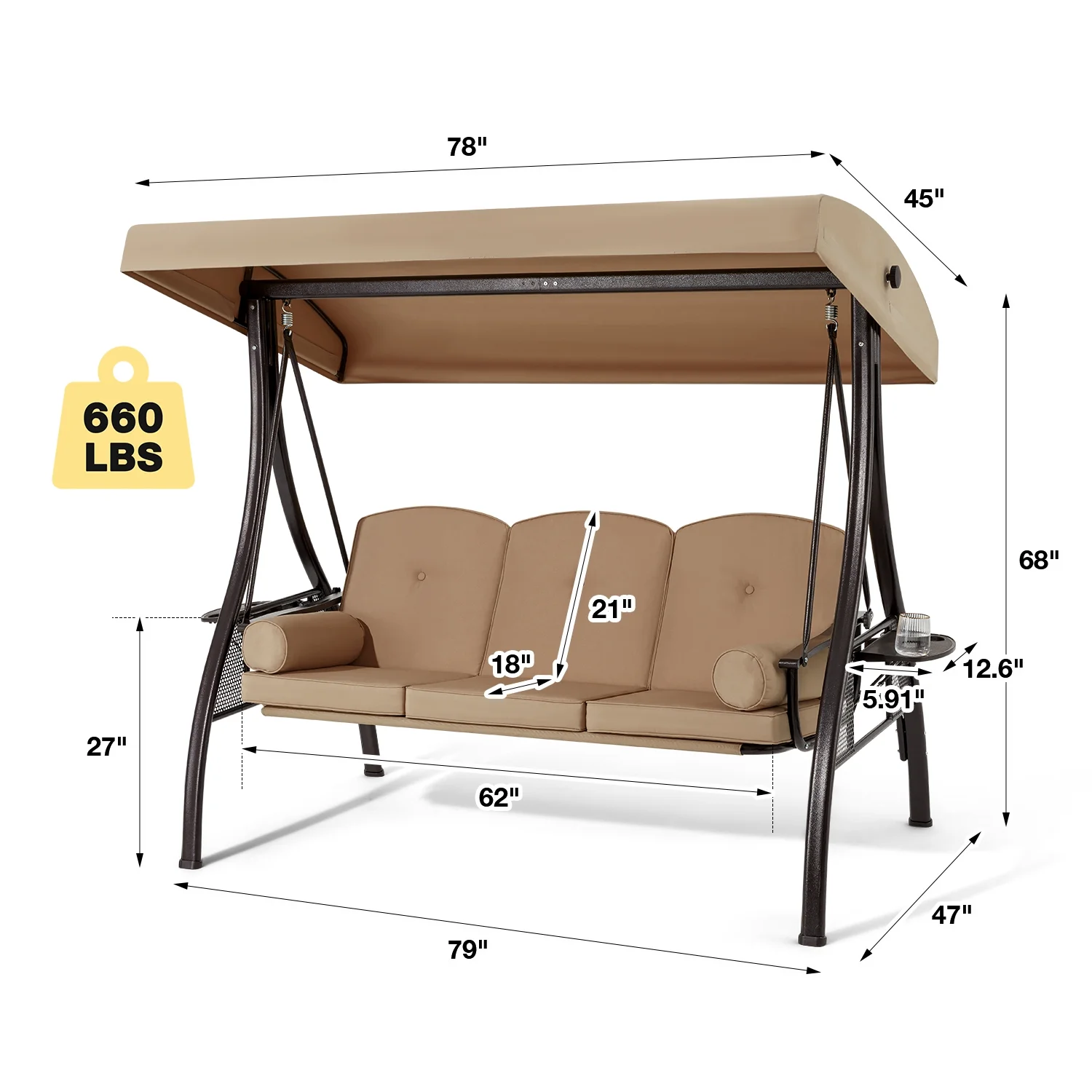 Homrest 3 Person Patio Outdoor Porch Swing with Adjustable Canopy, Backrest, Swing Bed with Stand for Garden,Deck - Image 14